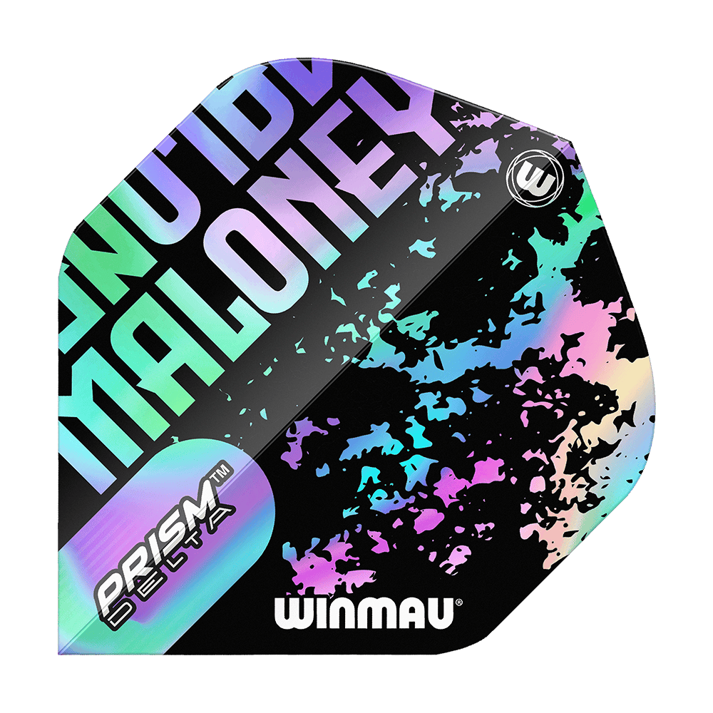 Das Bild zeigt ein Winmau Prism Delta Mike Maloney Standard Flight für Darts. Das Flight hat ein auffälliges, buntes Design mit dem Namen "Maloney" und dem Winmau-Logo.