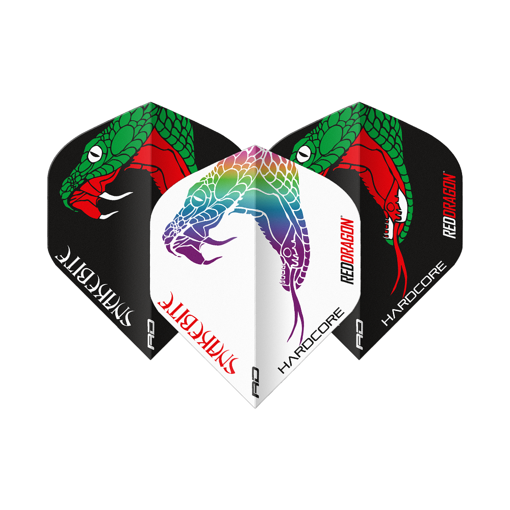 Red Dragon Peter Wright Snakebite Black White Yin Yang Standard Flights Das Bild zeigt drei Dart-Flights der Marke "Red Dragon Peter Wright Snakebite Black White Yin Yang Standard Flights". Die Flights sind in Schwarz und Weiß gestaltet und mit farbigen Schlangenmotiven verziert.