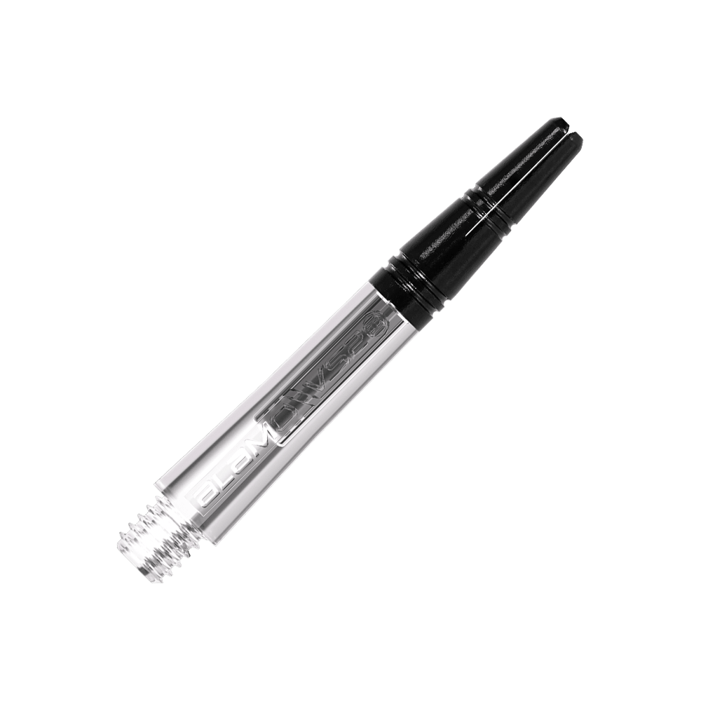 Harrow's Alamo VS2 Shafts - Clear Das Bild zeigt einen klaren, durchsichtigen Dart-Schaft mit schwarzem Gewindeende. Der Schaft trägt die Aufschrift "ALAMO" und ist 35 mm lang.