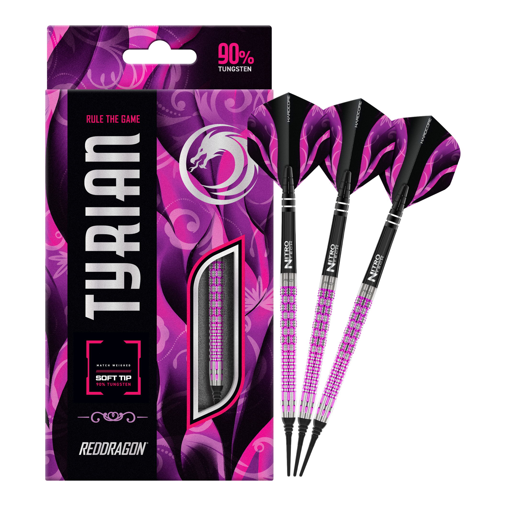 Red Dragon Tyrian Soft Darts - 22g Das Bild zeigt die Red Dragon Tyrian Softdarts - 22g mit einem auffälligen pink-schwarzen Design. Die Darts bestehen zu 90% aus Tungsten und werden in einer passenden Verpackung präsentiert.
