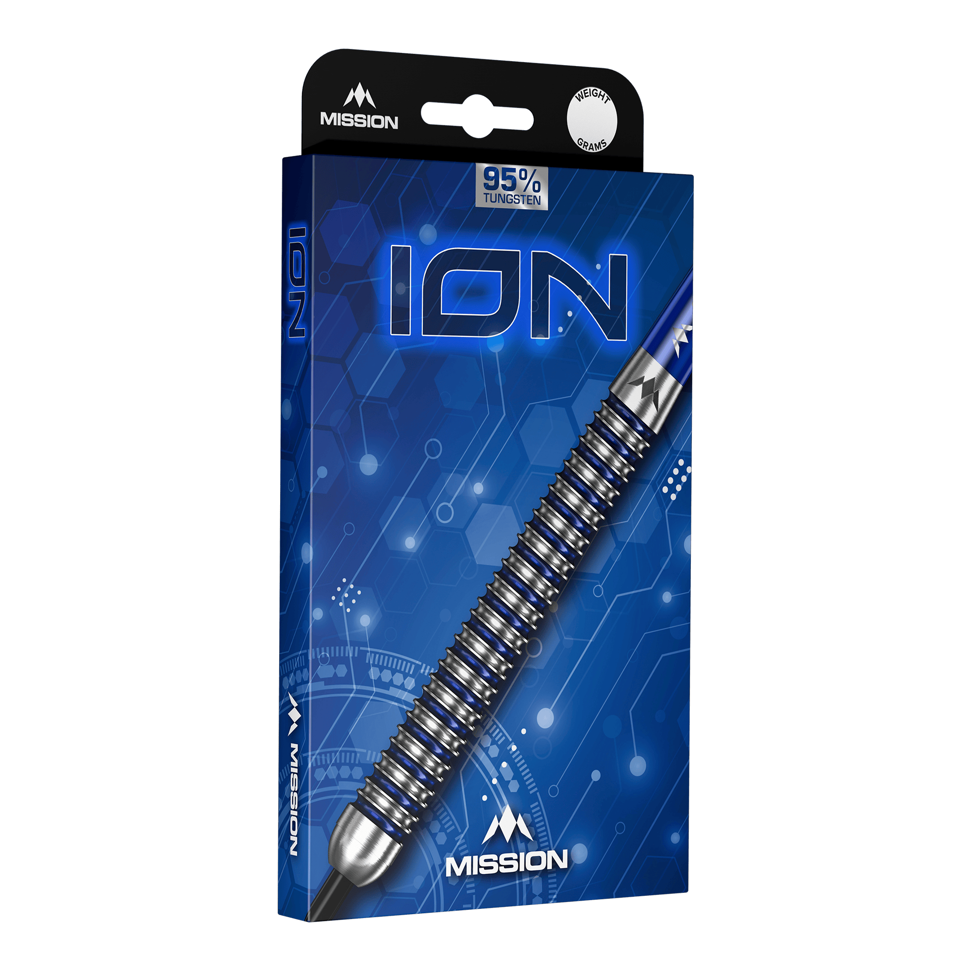 Mission ION Blue Silver Steeldarts sind auf diesem Bild zu sehen. Das Produkt zeichnet sich durch seine blaue und silberne Farbgebung aus.