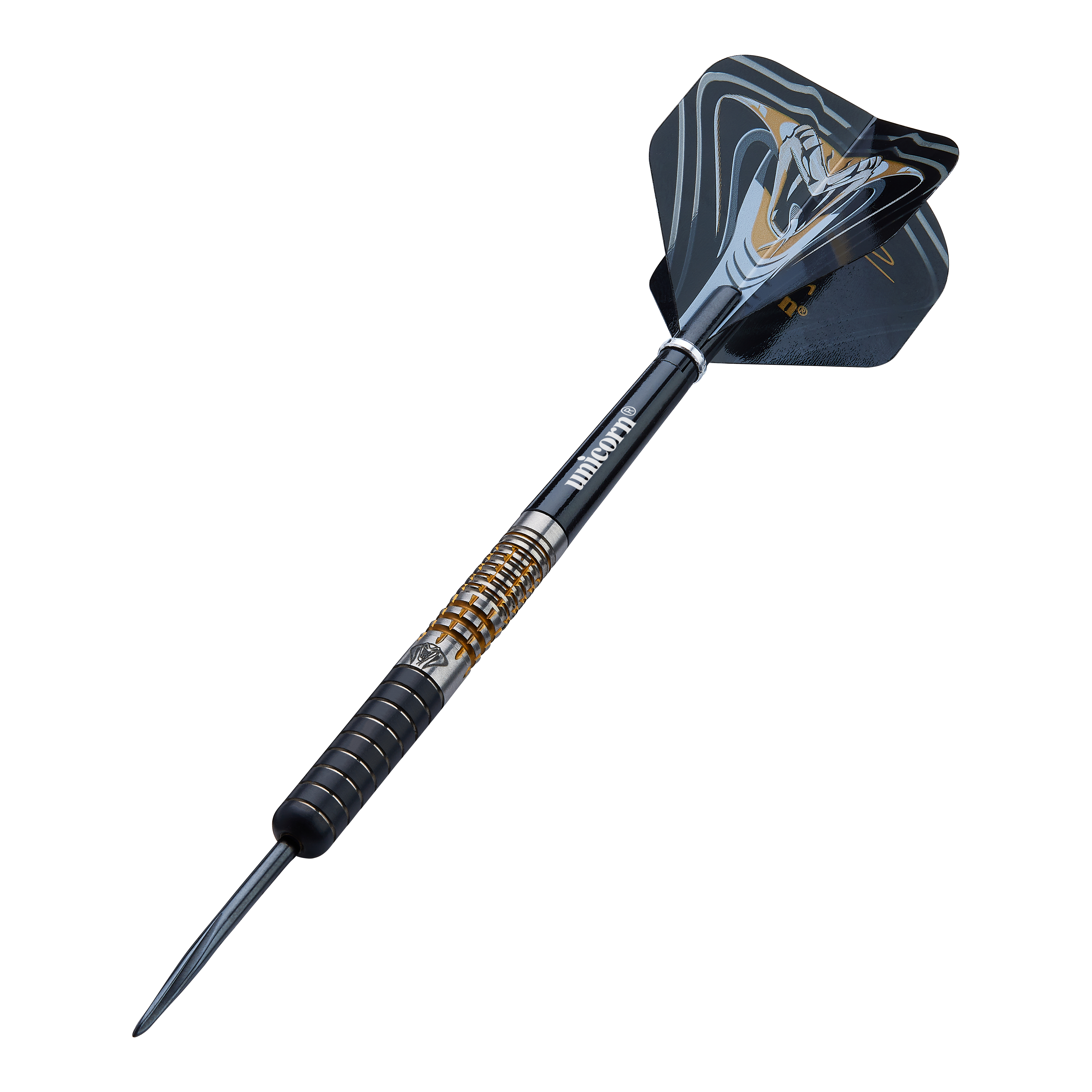 Das Bild zeigt einen Unicorn Maestro Jeffrey De Zwaan Phase 3 Steeldart. Der Dart hat ein schwarzes und silbernes Design mit goldenen Akzenten und einer auffälligen Flights-Grafik.