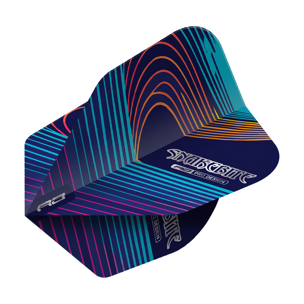 Red Dragon Peter Wright Snakebite Multi No6 Flights Das Bild zeigt ein Dart-Flight mit dem Namen "Red Dragon Peter Wright Snakebite Multi No6 Flights". Das Flight hat ein auffälliges Design mit bunten Linien auf dunklem Hintergrund.