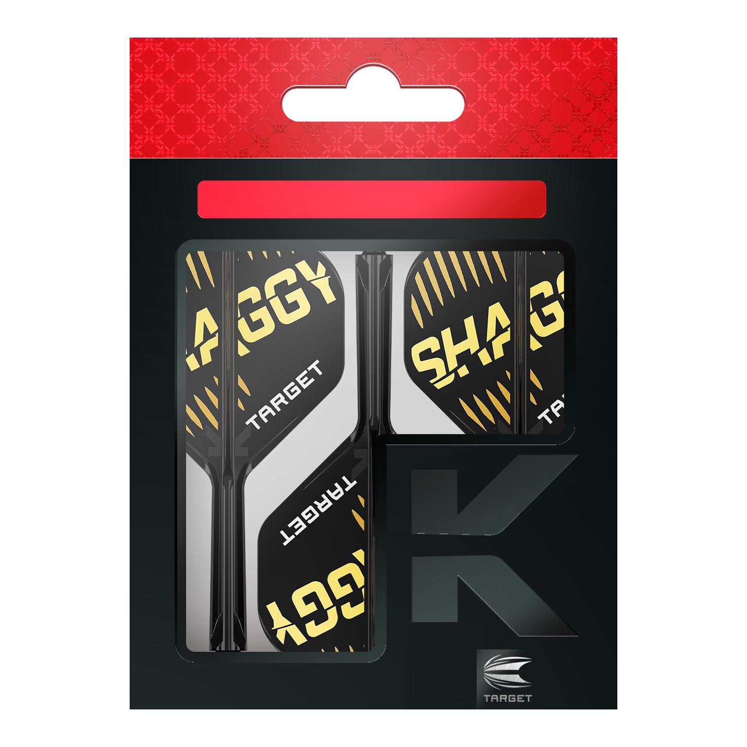 Auf dem Bild ist die Verpackung der "Target K-Flex Scott Williams No2 Standard Flights" zu sehen. Die Flights sind überwiegend schwarz mit gelben und weißen Akzenten und dem Schriftzug "SHAGGY" darauf.