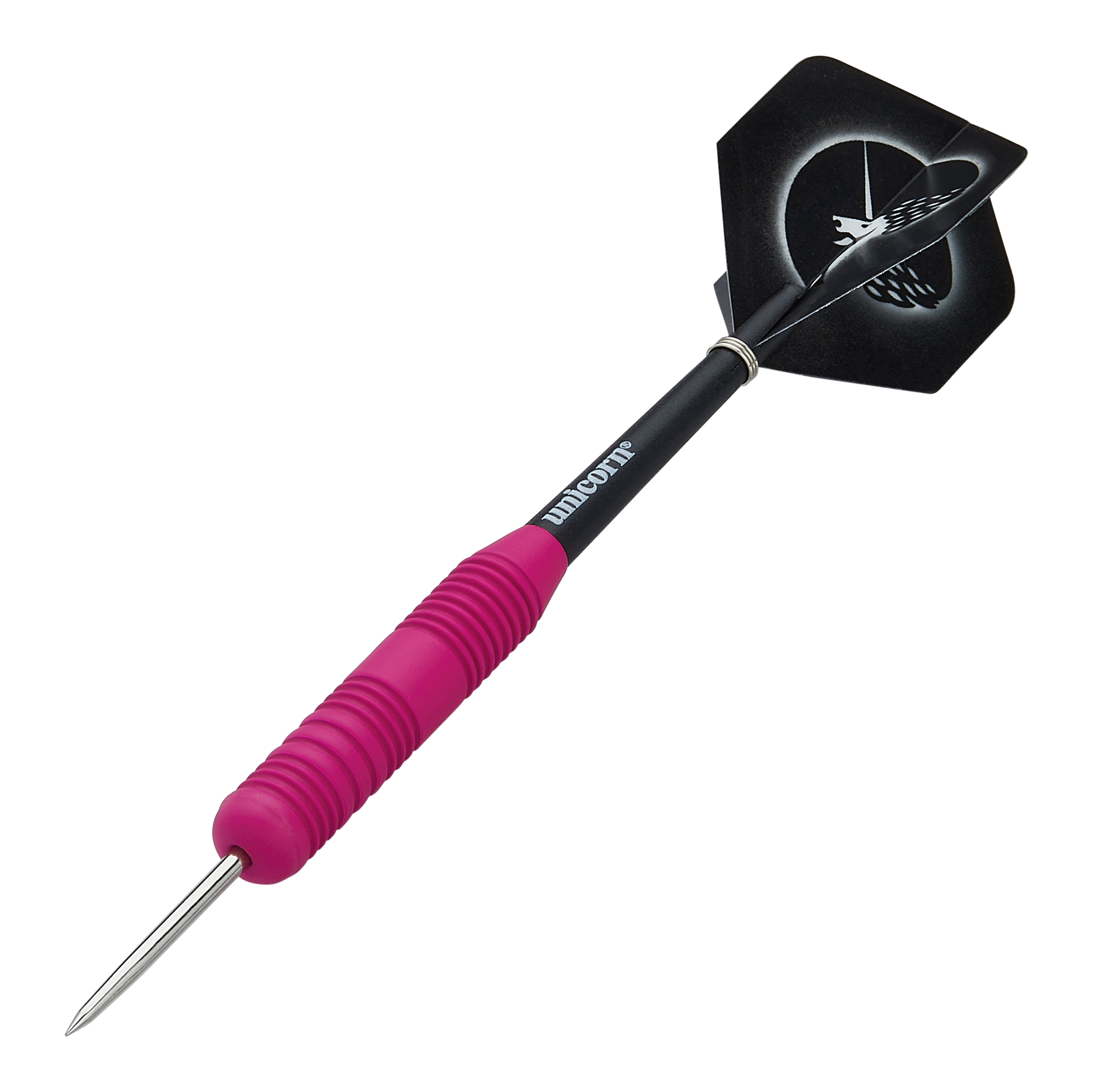 Unicorn Core Plus Rubberized Pink Steel Darts Das Bild zeigt einen Unicorn Core Plus Steeldart mit einem pinken, gummierten Griff. Der Dart hat eine schwarze Spitze und einen schwarzen Flight mit weißem Muster.