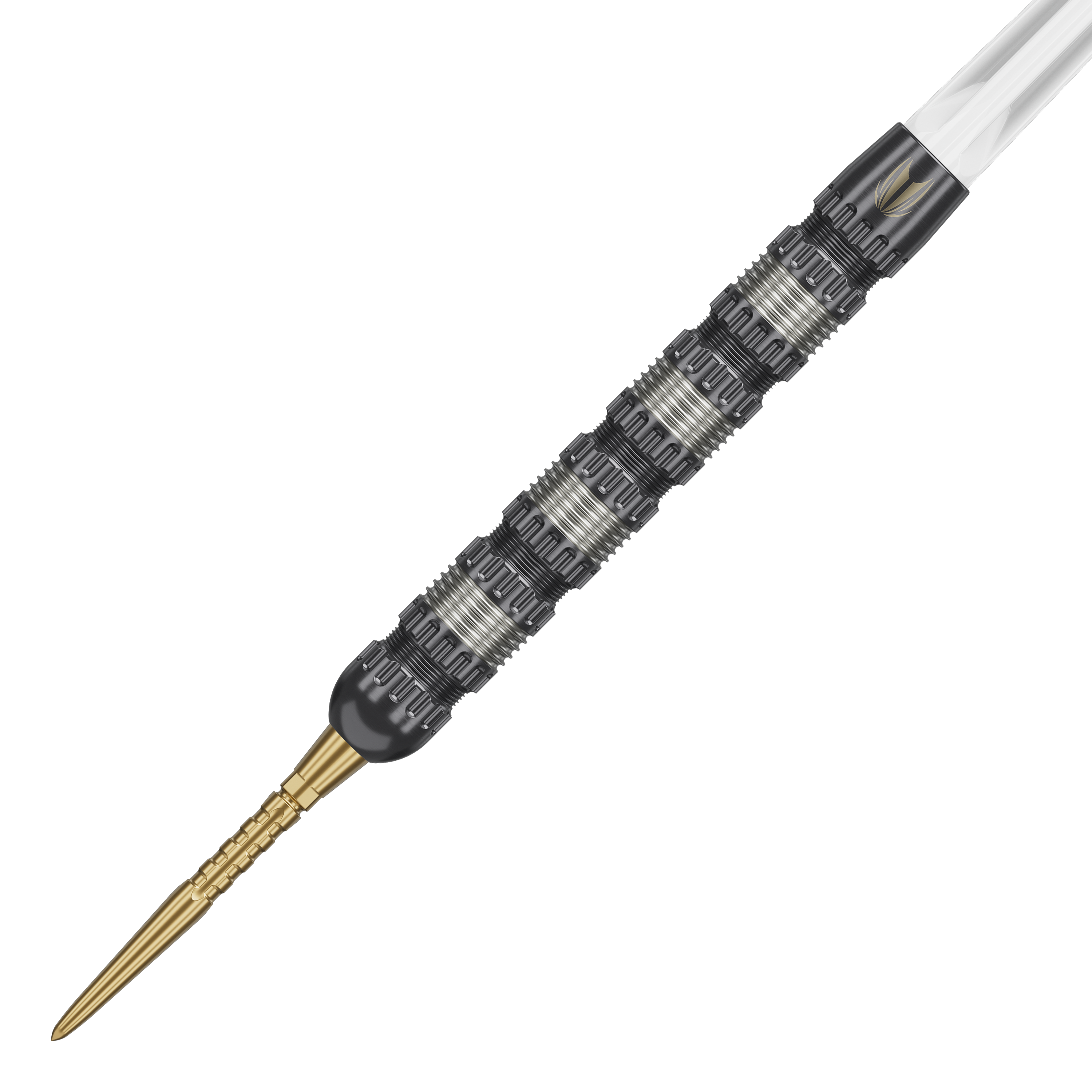 Target Rob Cross 95K Swiss Point Steel Darts Das Bild zeigt einen Target Rob Cross 95K Swiss Point Steeldart. Der Dart hat eine strukturierte, silber-schwarze Oberfläche und eine goldene Spitze.