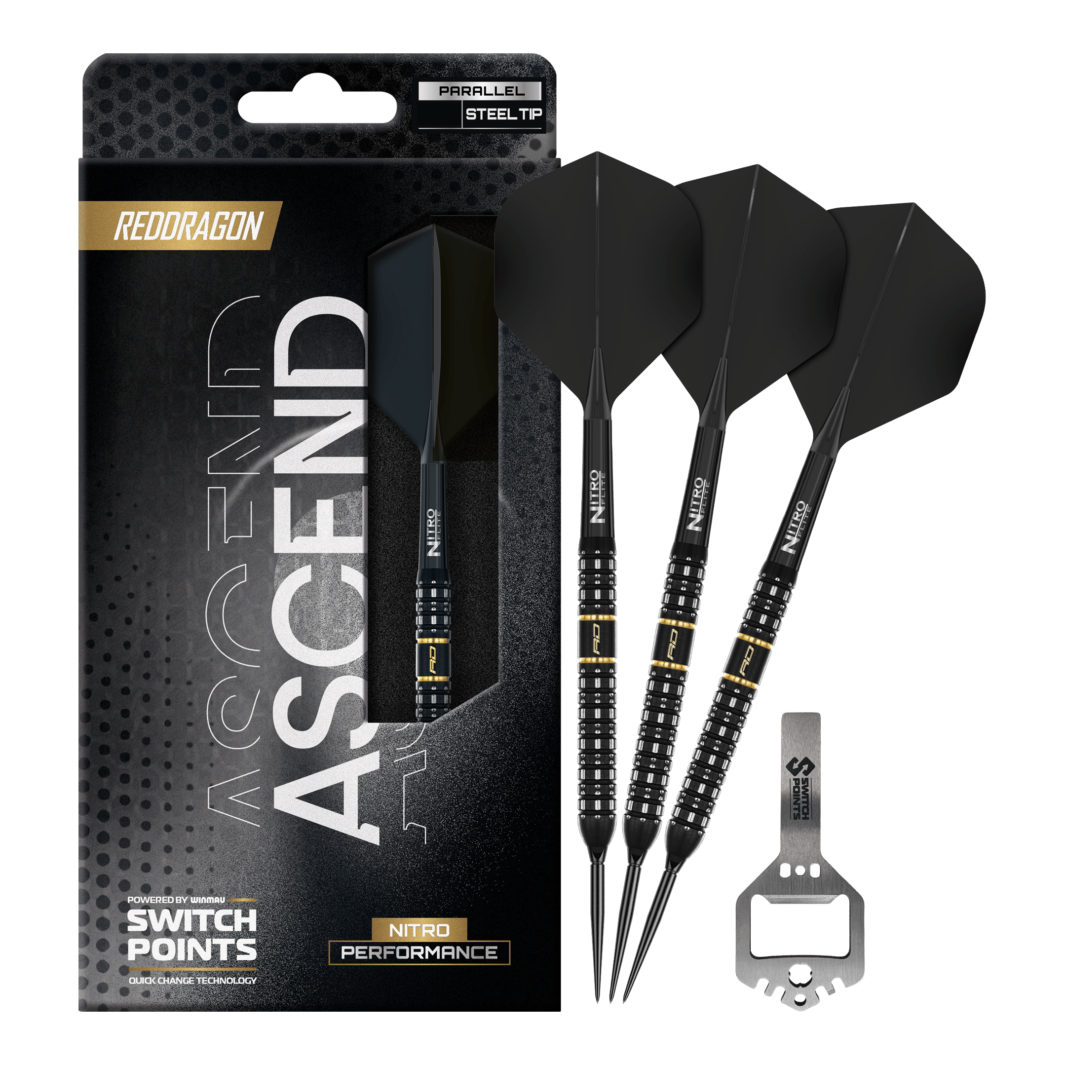 Red Dragon Ascend Parallel Switch Point Steeldarts Das Bild präsentiert die Red Dragon Ascend Parallel Switch Point Steeldarts in voller Länge. Die Details des kompletten Darts sind gut erkennbar.