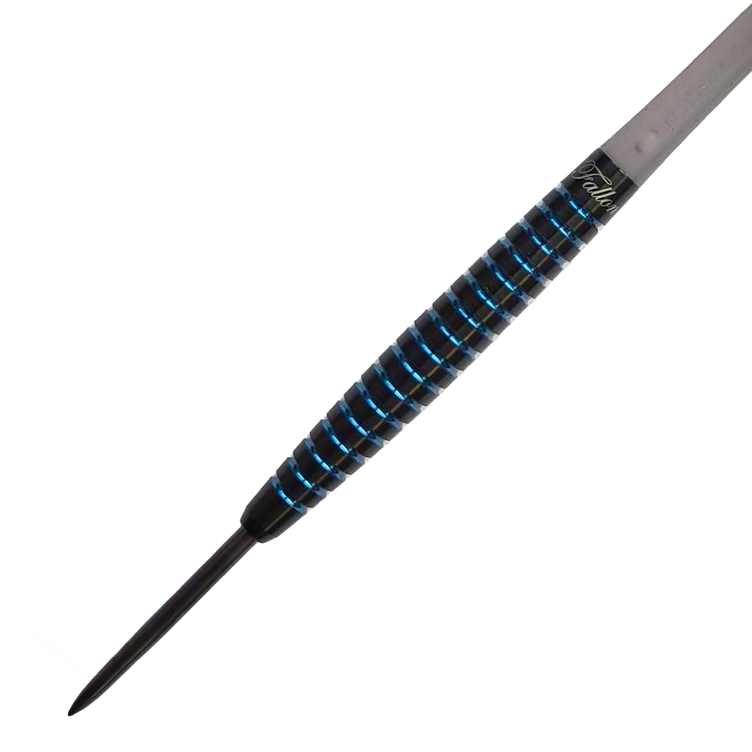 Das Bild zeigt einen Dynasty Fallon Sherrock 4 AFlow BK Steeldart mit Autogramm. Der Dart wiegt 23 Gramm und hat ein schwarz-blaues Rillendesign.