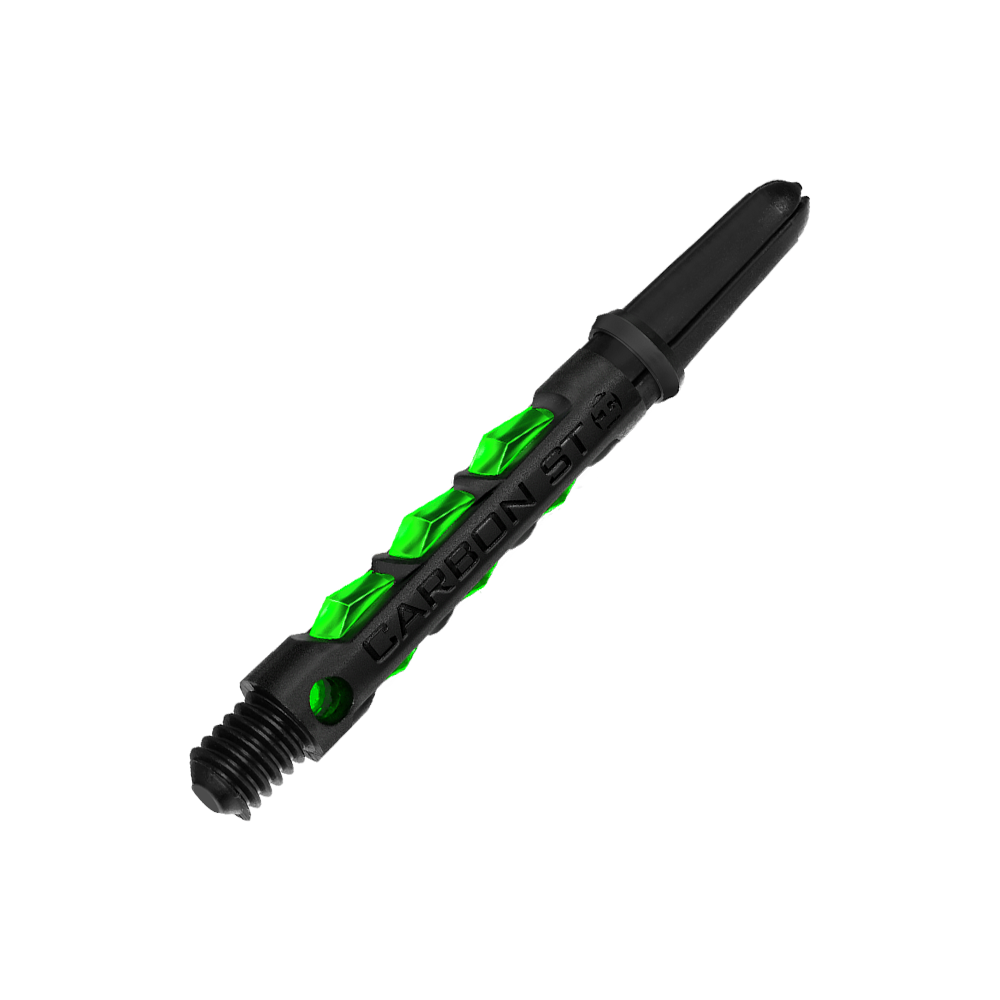 HR423_Harrows_Carbon_ST_Shafts_Gr-n_40mm_2 Harrows Carbon ST Shafts liegen direkt nebeneinander. Die Schäfte sind zum Teil transluzent.