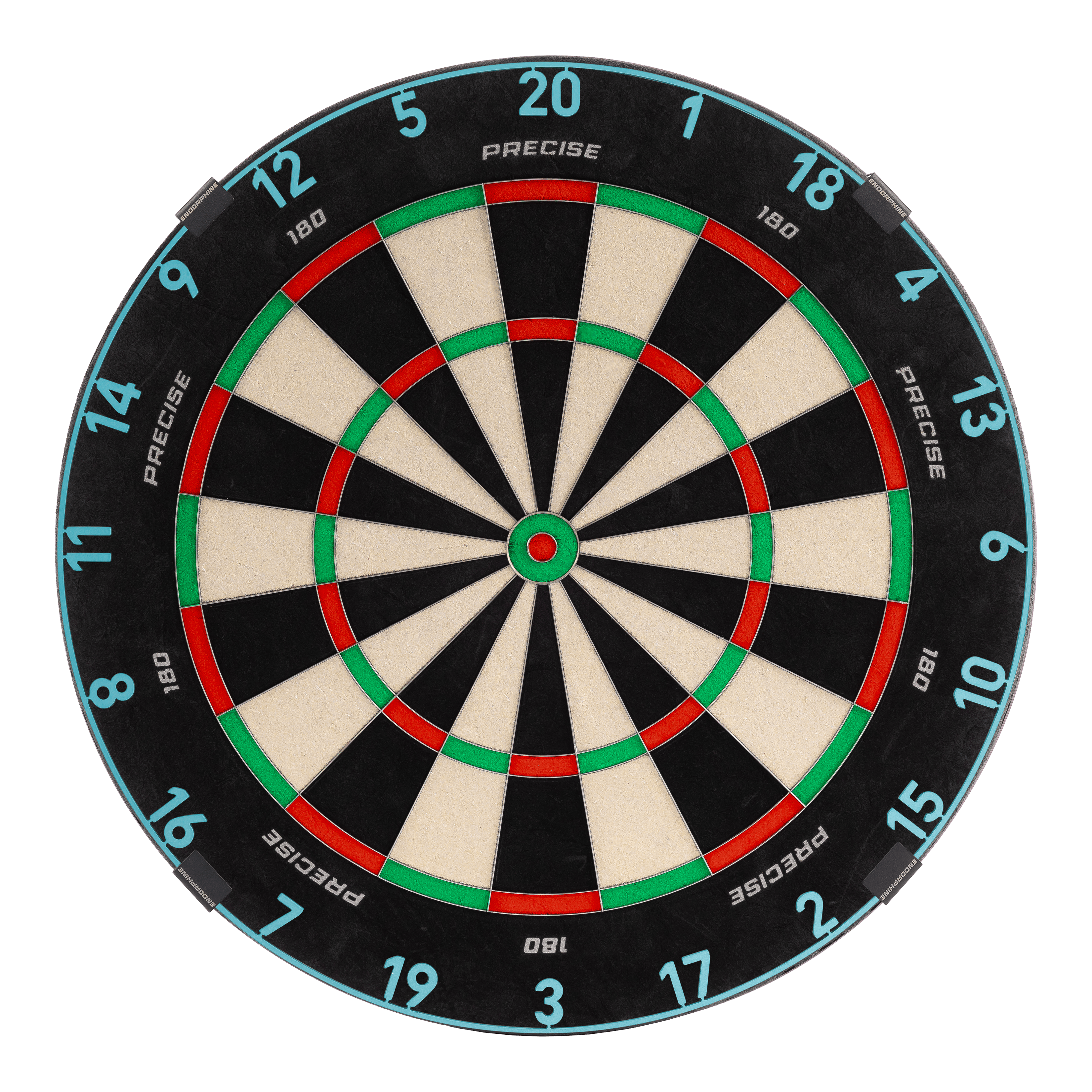 Das Precise 180 Endorphine Steeldartboard mit Nummernring in Infinity Blue ist abgebildet. Es bietet optimale Bedingungen für ein präzises Dartspiel.