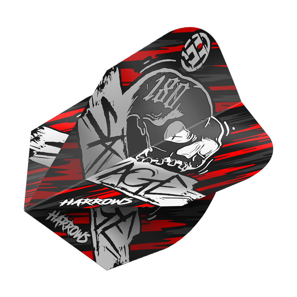 Harrow's Savage Red Silver No6 Flights Das Bild zeigt das Produkt "Harrows Savage Red Silver No6 Flights". Das Design ist in Rot, Silber und Schwarz gehalten und zeigt einen Totenkopf mit den Worten "Harrows" und Graffiti-Elementen.
