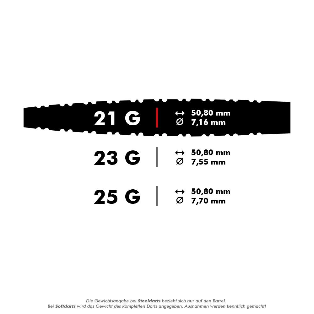 Winmau Firestorm Flame Tapered Steeldarts Das Bild zeigt drei verschiedene Gewichte von Steeldarts: 21 g, 23 g und 25 g, jeweils mit ihren entsprechenden Maßen. Für alle Gewichte beträgt die Länge 50,80 mm, während der Durchmesser von 7,16 mm bis 7,70 mm variiert.