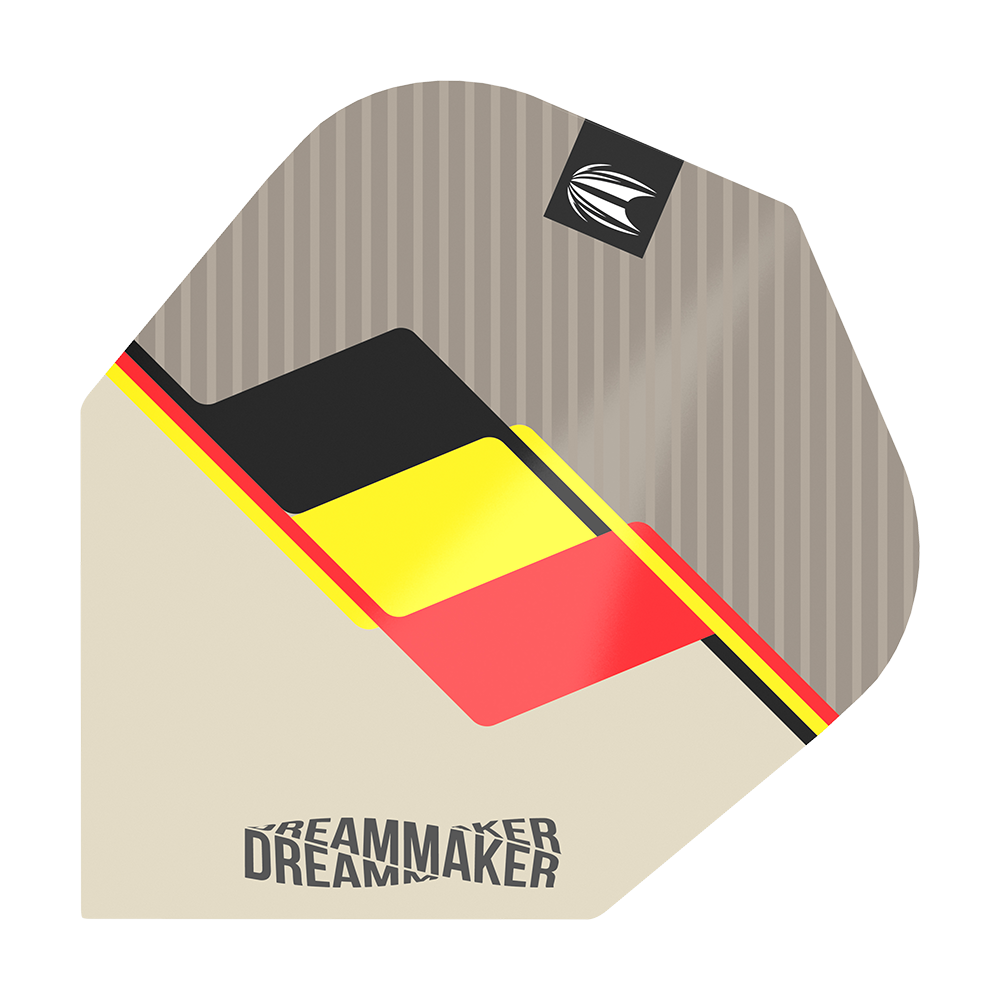 TG77_336500_Target_Pro_Ultra_Dimitri_Van_Den_Bergh_2022_No6_Flights_1WKTOPeCmhZUnF Das Bild zeigt ein Target Pro Ultra Dimitri Van Den Bergh No6 Dart-Flight. Das Design enthält die Farben Schwarz, Gelb und Rot mit dem Schriftzug "Dreammaker".