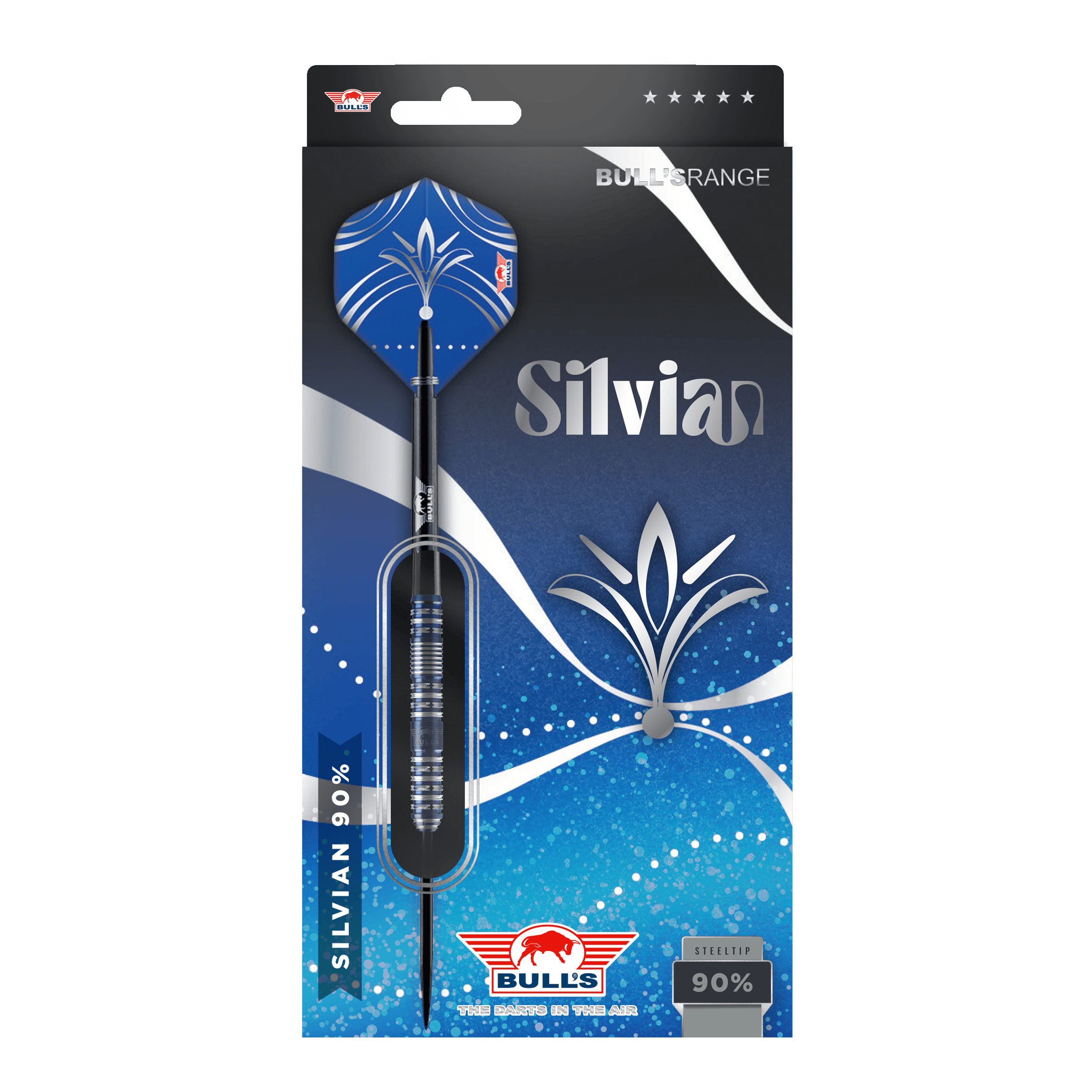 Bulls NL Silvian Steeldarts Die Abbildung zeigt die Verpackung der "Bulls NL Silvian Steeldarts". Die Verpackung ist vorwiegend blau und silber gestaltet und hebt die Marke sowie den Namen "Silvian" hervor.