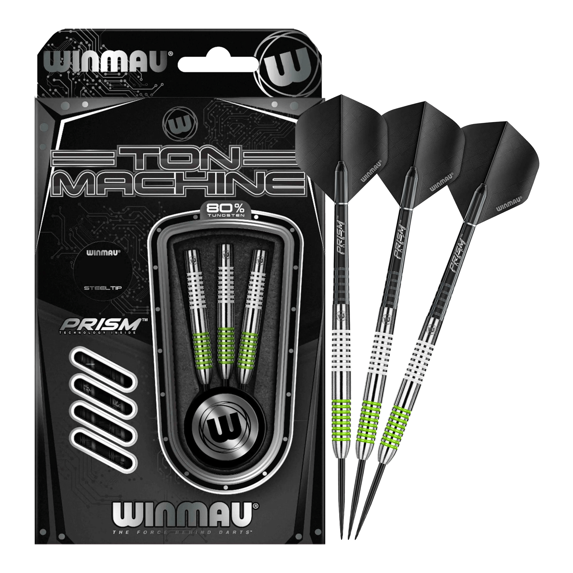 Das Bild zeigt das Set der Winmau Ton Machine Steeldarts in voller Ansicht. Diese Steeldarts sind ideal für Dartliebhaber.