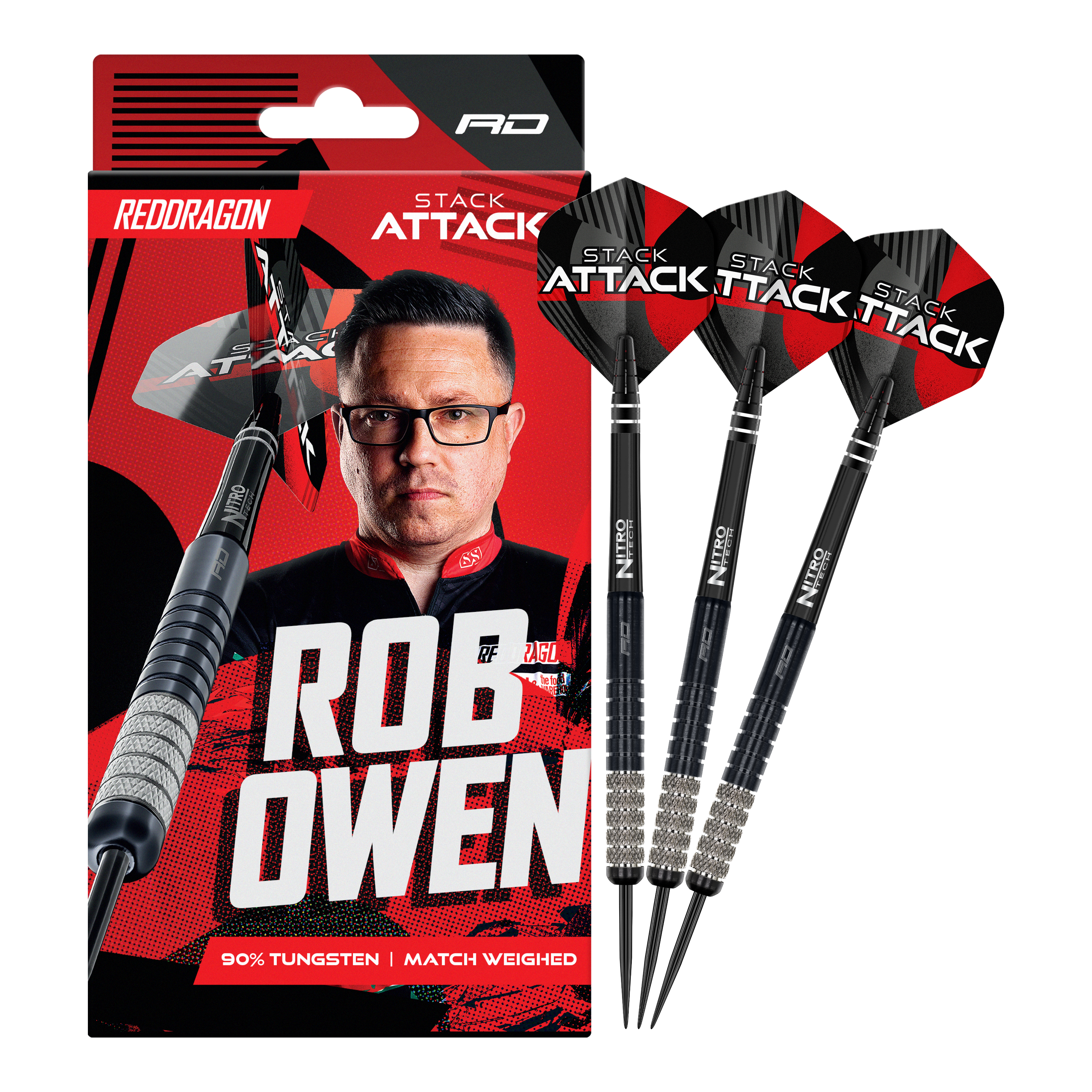Red Dragon Rob Owen Stack Attack Steeldarts - 22g ist ein Set hochqualitativer Dartpfeile in 22 Gramm. Das Produkt bietet Präzision und ist für Turniere geeignet.
