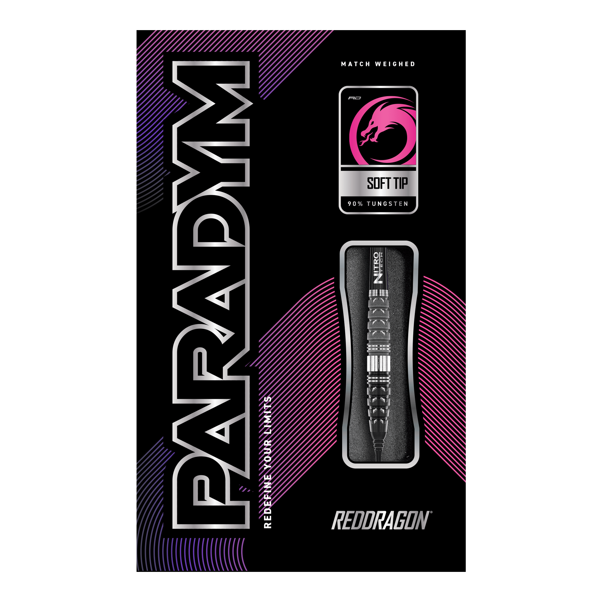 Red Dragon Paradym Torpedo Soft Darts - 20g Das Bild zeigt die Verpackung der Red Dragon Paradym Torpedo Softdarts mit einem Gewicht von 20g. Auf der Verpackung sind ein Dartpfeil, das Red Dragon Logo und moderne Designelemente in Schwarz, Pink und Lila zu sehen.