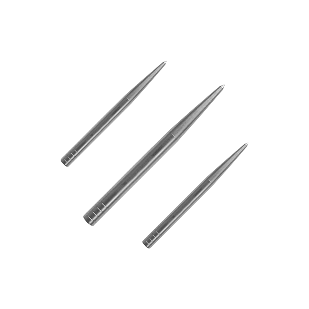 Condor Beak Point Without Cut dart tips Auf dem Bild sind drei silberne Dartspitzen zu sehen. Sie sind spitz zulaufend und aus Metall gefertigt.