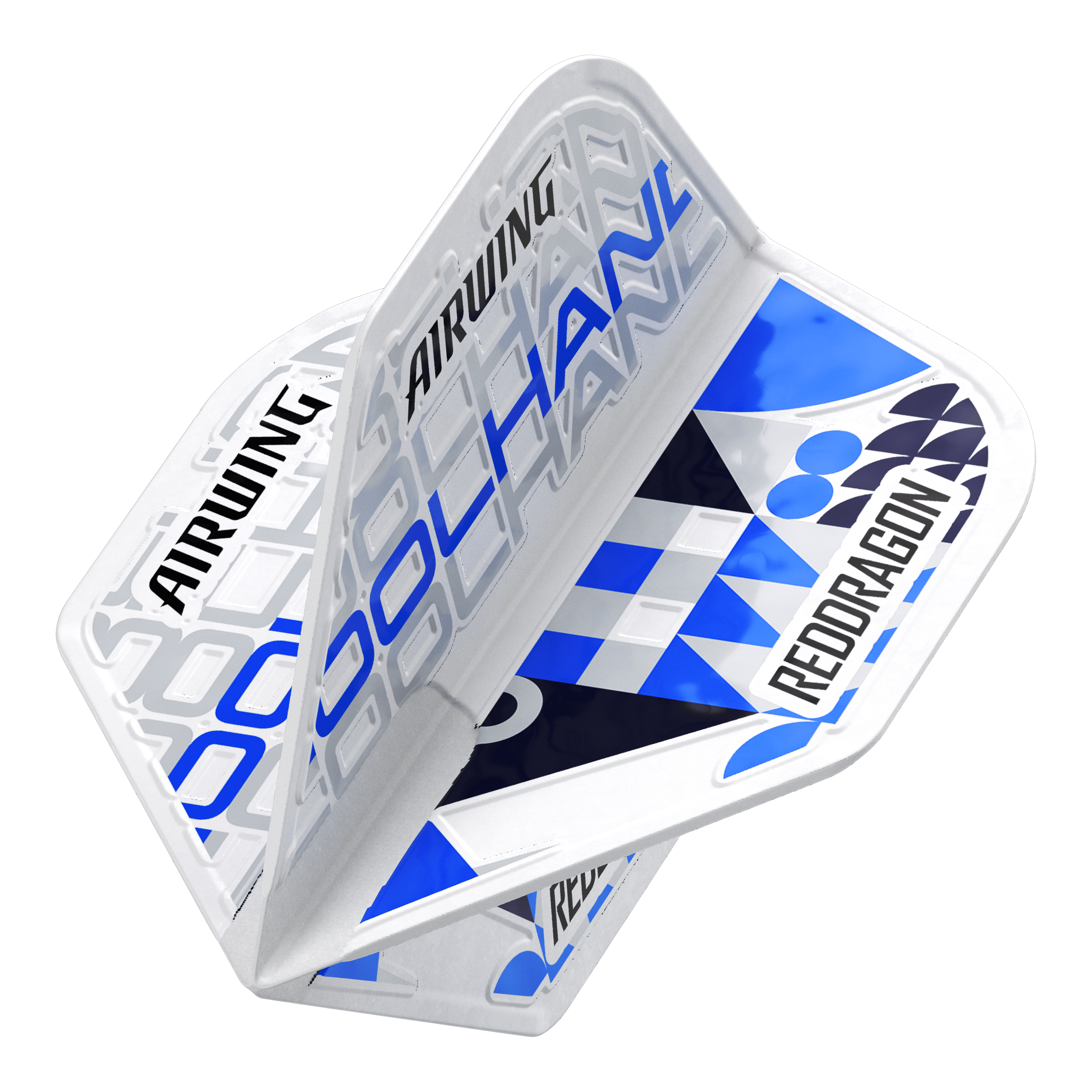 Red Dragon Airwing Luke Humphries White Standard Flights Das Bild zeigt die Red Dragon Airwing Luke Humphries White Standard Flights. Die Flights sind überwiegend weiß und blau mit den Aufschriften "AIRWING", "COOL HAND" und "RED DRAGON".