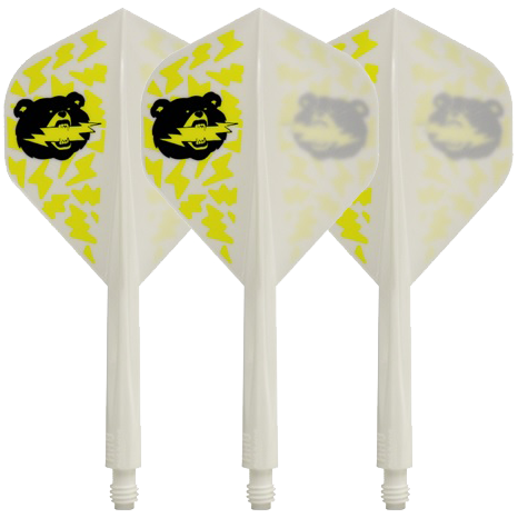 Condor Axe Black Bear Miyu Miyawaki Flight-Shaft White - Standard Das Bild zeigt drei weiße Dartflights mit gelben Blitzen und einem schwarzen Bärenkopf als Motiv. Die Flights sind Teil des Produkts "Condor Axe Black Bear Miyu Miyawaki Flight-Shaft White - Standard".