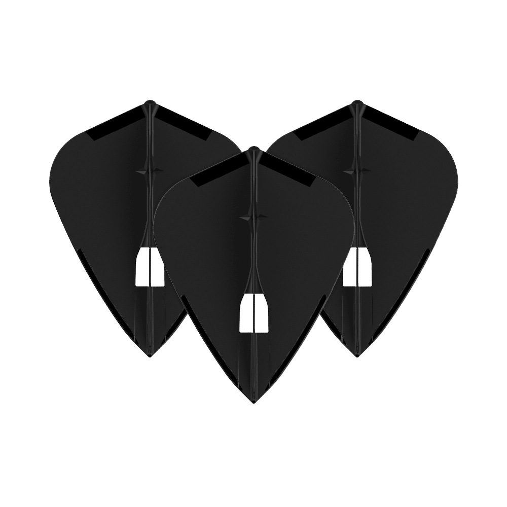 L-Style Champagne L4PRO Kite Flights Das Bild zeigt drei schwarze Dartflights in einer speziellen Kite-Form. Sie sind nebeneinander angeordnet und haben eine glatte, einfarbige Oberfläche.