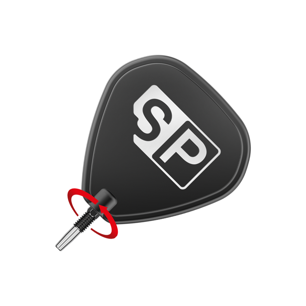 Target Swiss Point Chrono Dart Tips - Black Das Bild zeigt eine schwarze Dartspitze mit dem weißen Logo "SP" darauf. Eine rote Pfeilmarkierung deutet eine Drehbewegung zum Anbringen oder Entfernen der Spitze an.