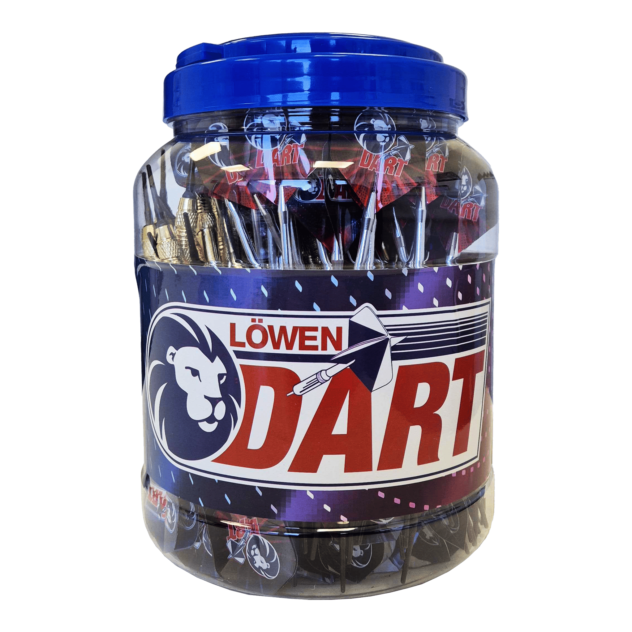 99 Löwen Soft-Tip Darts - 18g Das Bild zeigt ein großes Plastikgefäß mit einem blauen Deckel, das mit vielen Soft-Tip-Darts gefüllt ist. Auf dem Behälter steht die Aufschrift "Löwen Dart" und das Produkt heißt "99 Löwen Soft-Tip Darts - 18g".