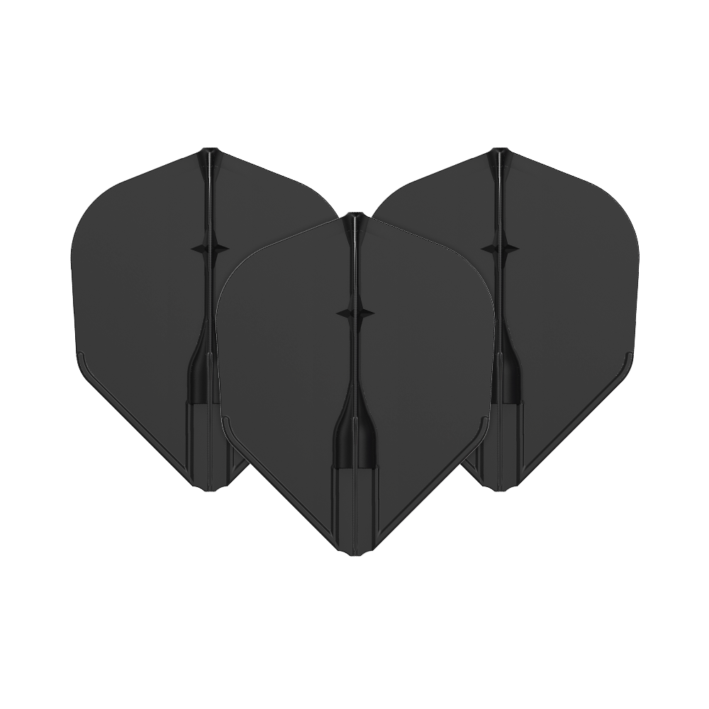 L-L-Style3EZ Flights Auf dem Bild sind drei schwarze Dartflights zu sehen. Sie sind in einer Reihe angeordnet und haben eine klassische Form.