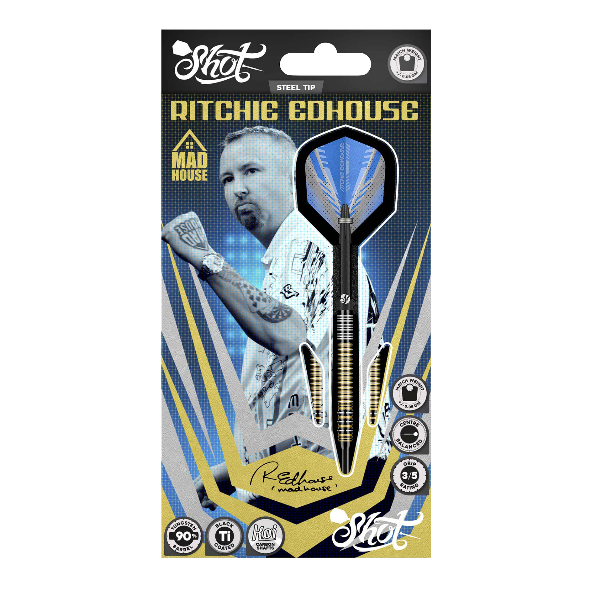 Abgebildet sind die Shot Ritchie Edhouse Madhouse Steeldarts. Sie zeigen das markante Design und die hochwertige Verarbeitung der Darts.
