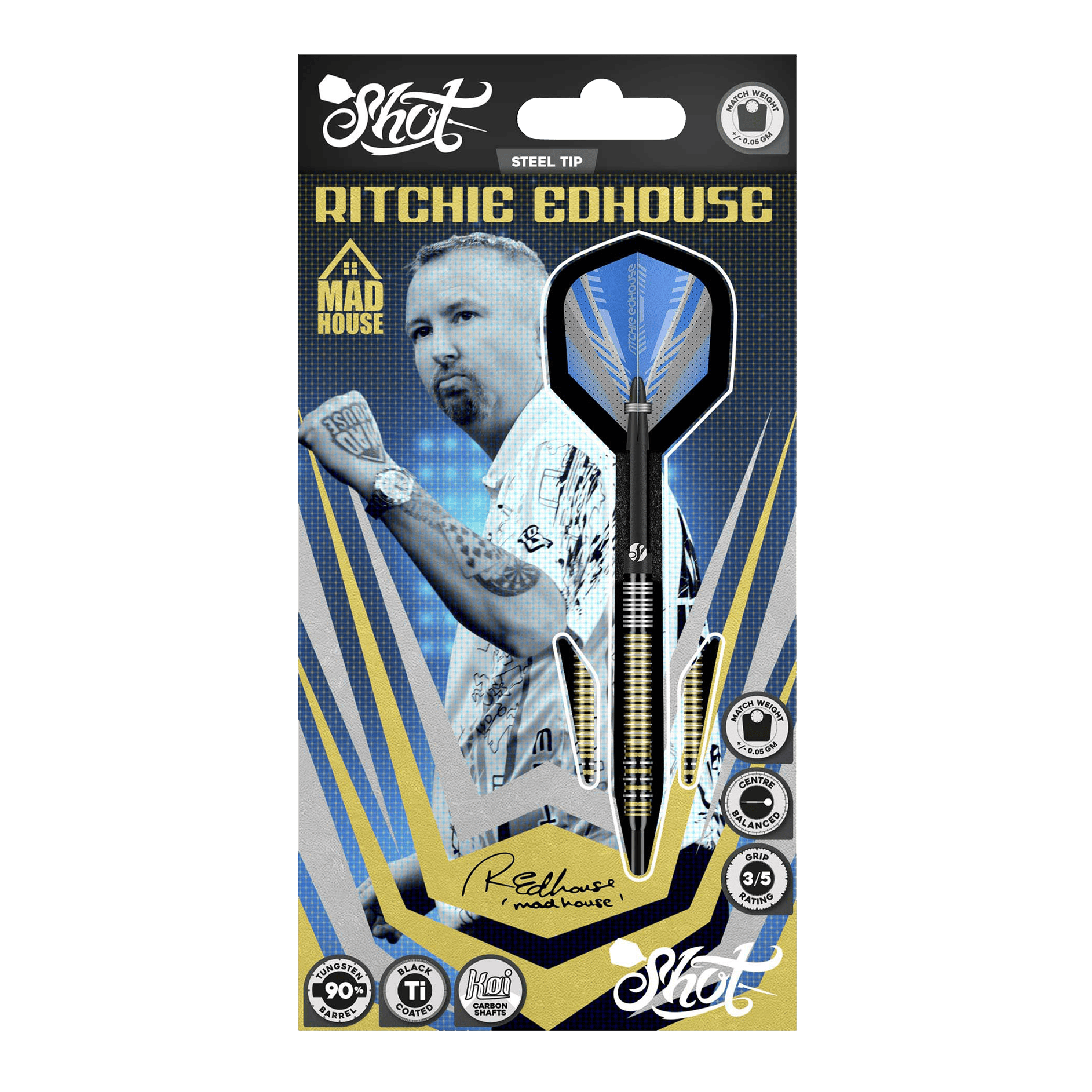 Shot Ritchie Edhouse Madhouse steel darts Abgebildet sind die Shot Ritchie Edhouse Madhouse Steeldarts. Sie zeigen das markante Design und die hochwertige Verarbeitung der Darts.