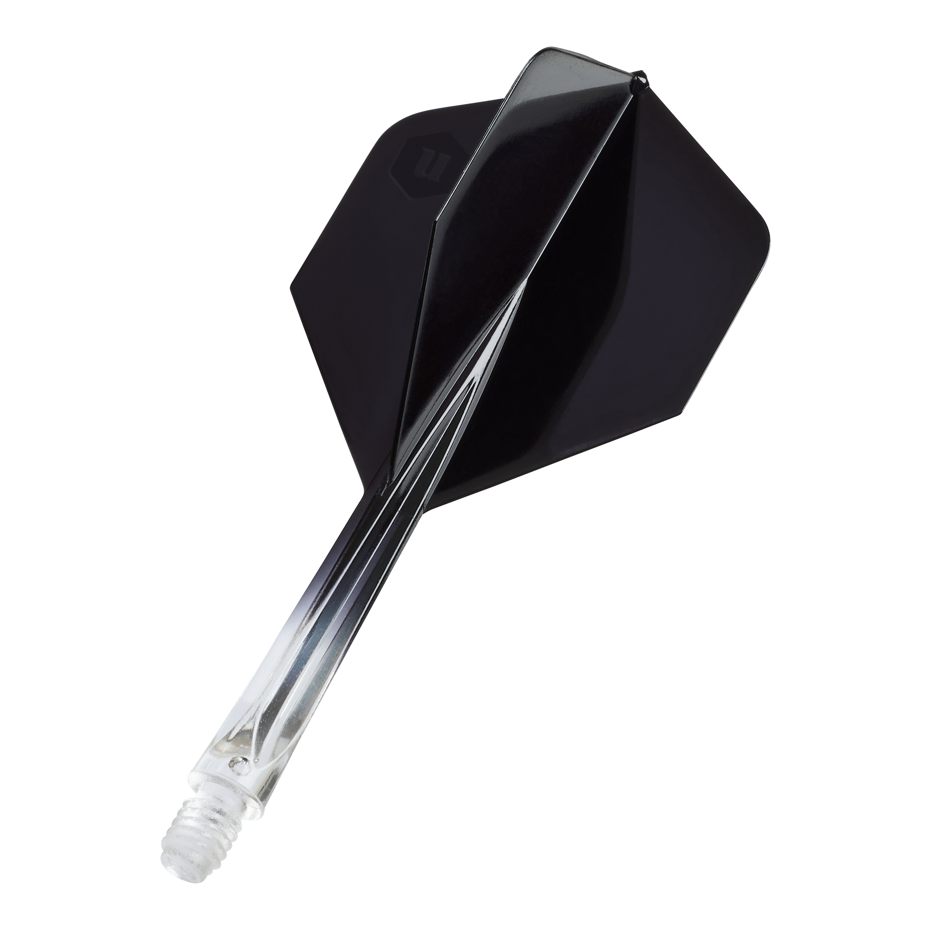 Unicorn Forge Two Tone No2 Standard Flights - Clear Black Das Bild zeigt die Unicorn Forge Two Tone No2 Standard Flights in Schwarz. Es handelt sich um Flights für Dartpfeile mit klarem und schwarzem Design.