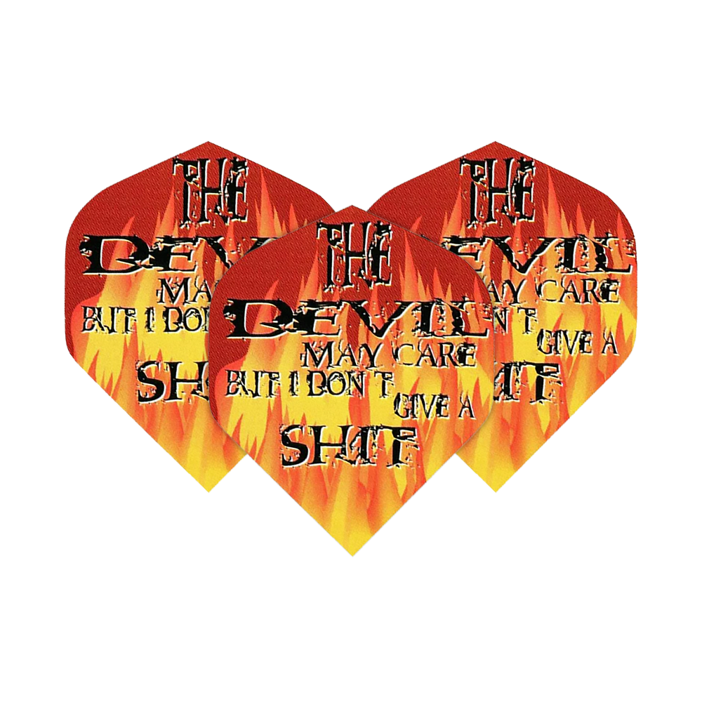 Pentathlon Flights The Devil May Care Das Bild zeigt drei Dartflights mit Flammenmuster und auffälligem Schriftzug. Auf den Flights steht: "The Devil may care but I don't give a shit."