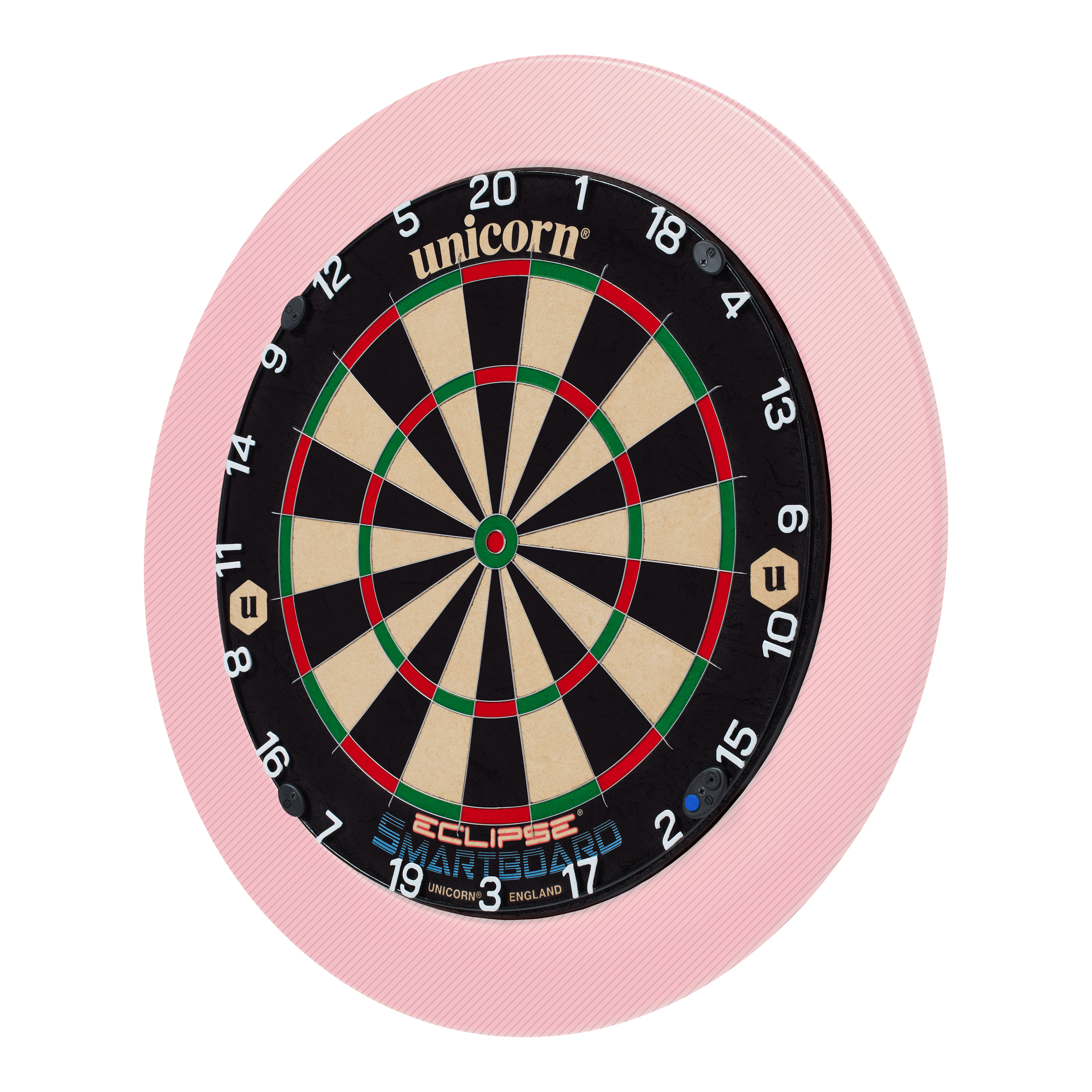 Unicorn Eclipse Smartboard steel dartboard Das Bild zeigt eine Unicorn Eclipse Smartboard Steeldartscheibe mit einem pinken Schutzring. Die Dartscheibe hat klare Zahlen und farbige Segmente für das Dartspiel.
