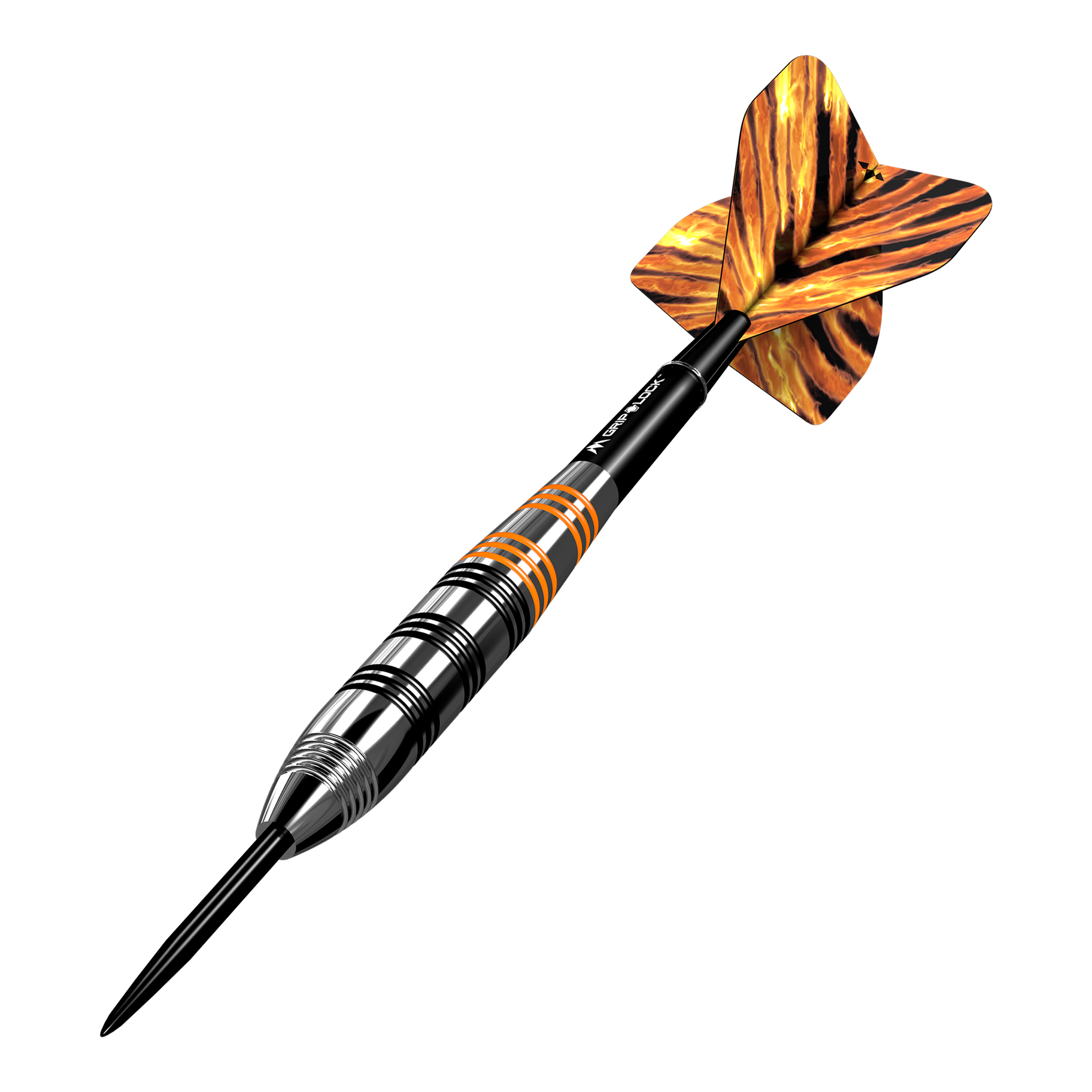 Mission Javan Brass Steel Darts - 22g Das Bild zeigt einen Mission Javan Brass Steeldart mit einem Gewicht von 22 Gramm. Der Dart hat ein schwarz-silbernes Design mit orangefarbenen Akzenten und auffällig gemusterten Flights.