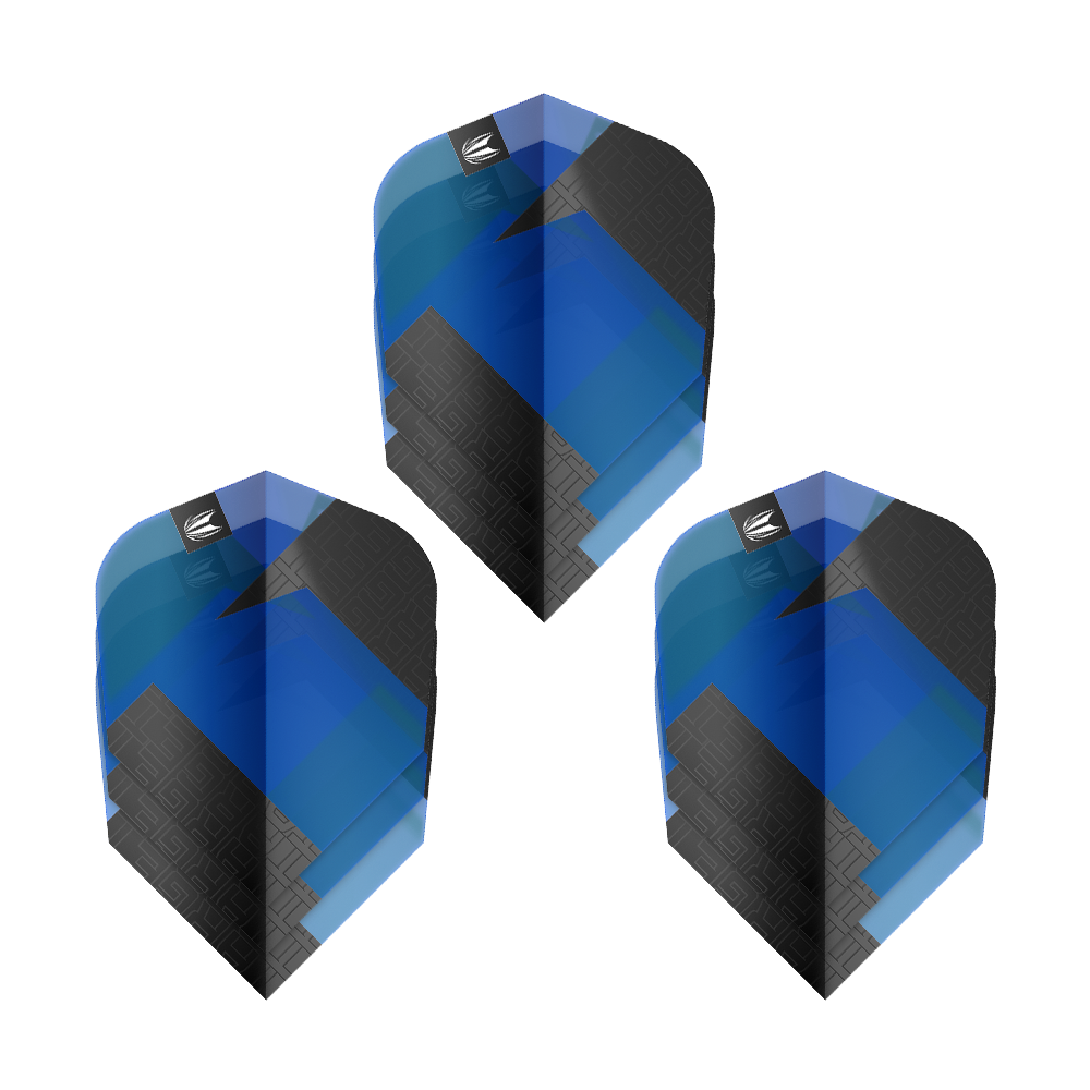 Das Bild zeigt drei blaue und schwarze Dart-Flights mit geometrischem Muster. Es handelt sich um das Produkt "Target Pro Ultra TAG Blau Ten-X Standard Flights - 3 Sets".