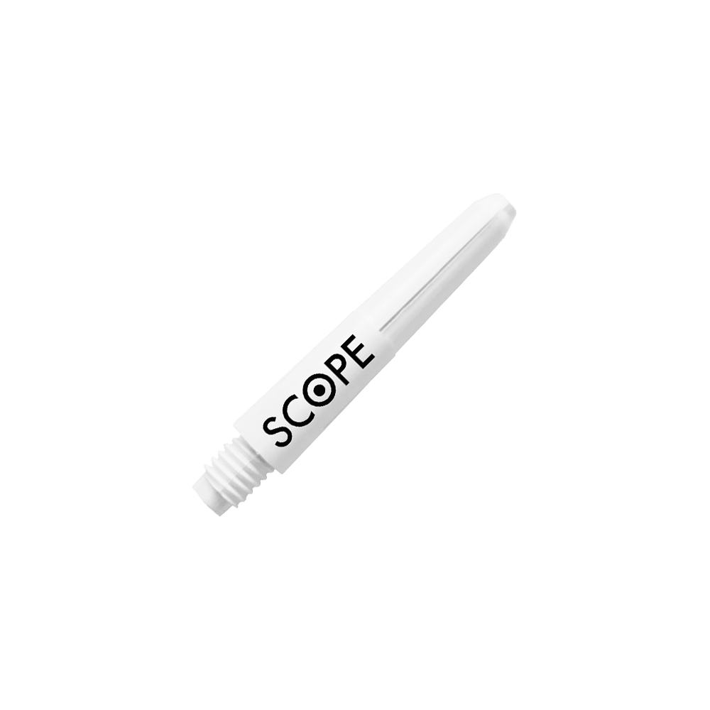 524_McDart_Scope_Nylon_Shafts_Weiss_28mm_2 Das Bild zeigt einen weißen Nylon-Schaft für Darts mit der Aufschrift "SCOPE". Es handelt sich um das Produkt "McDart Scope Nylon Shafts".