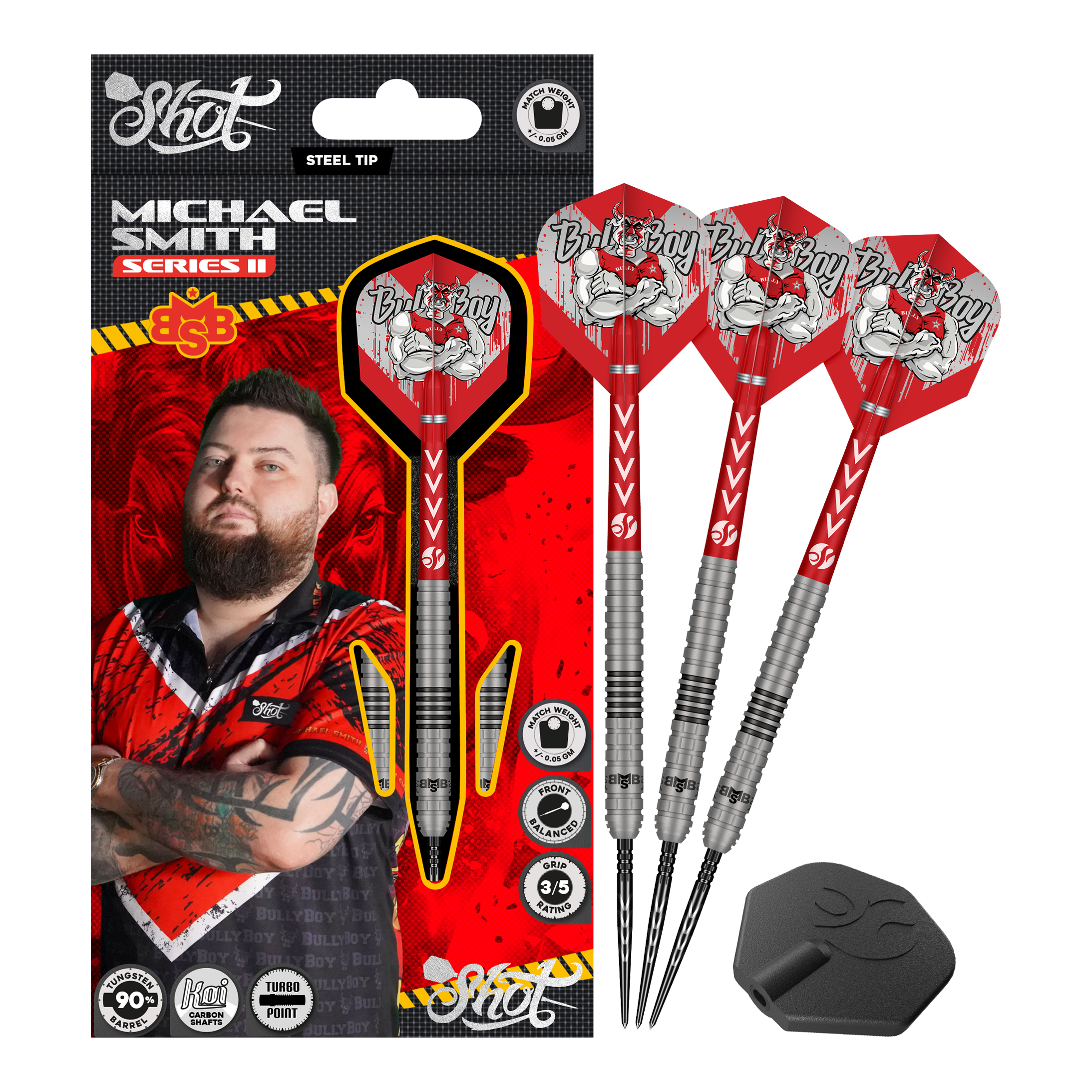 Shot Michael Smith Series 2 Turbo Point steel darts Das Bild zeigt die Shot Michael Smith Series 2 Turbo Point Steeldarts. Es sind hochwertige Steeldarts, die für den professionellen Gebrauch geeignet sind.