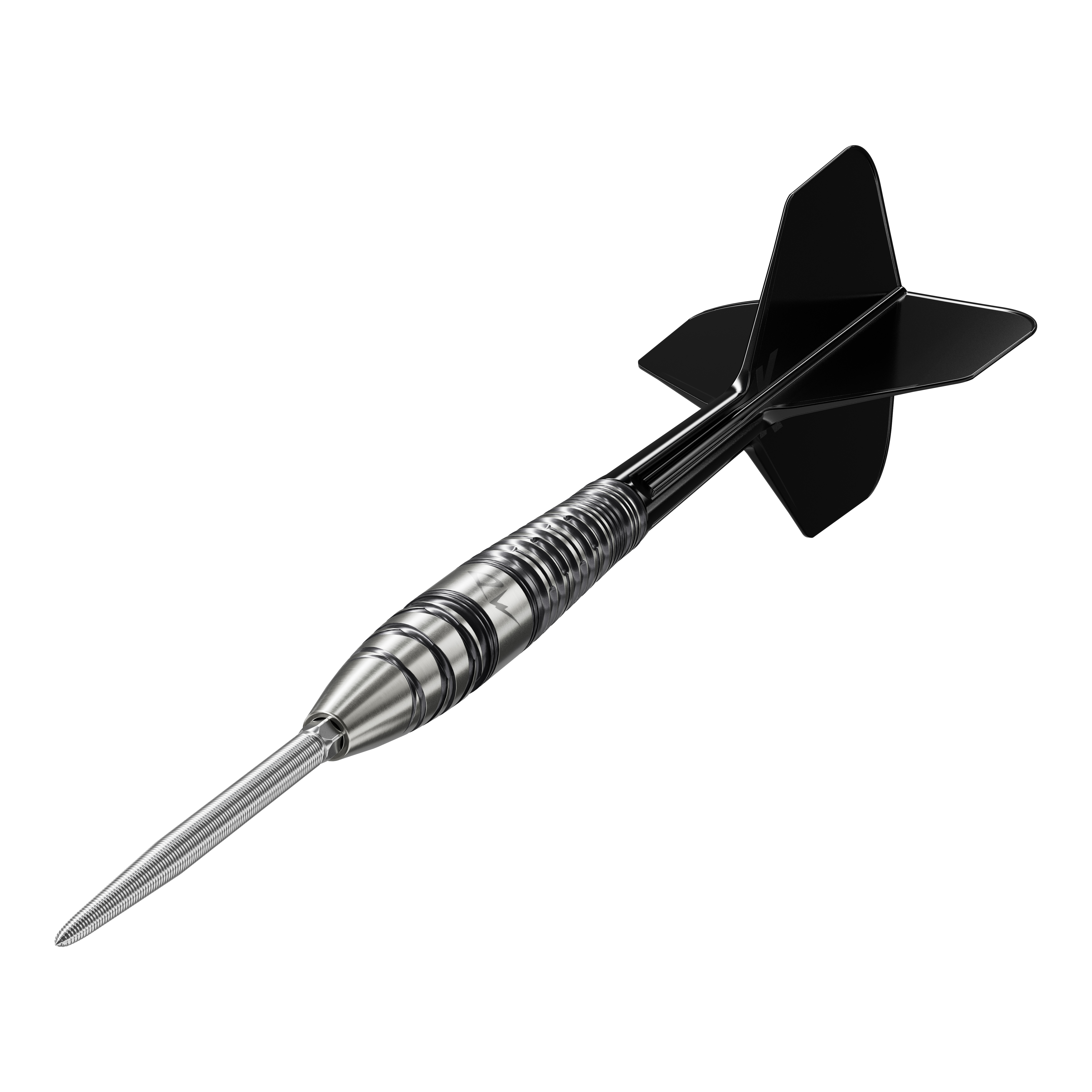 Das Bild zeigt einen hochwertigen Steeldartpfeil mit schwarzem Flight und silbernem, gerilltem Barrel. Es handelt sich um das Produkt "Target Japan Black Marque PW 2 SP Steeldarts."