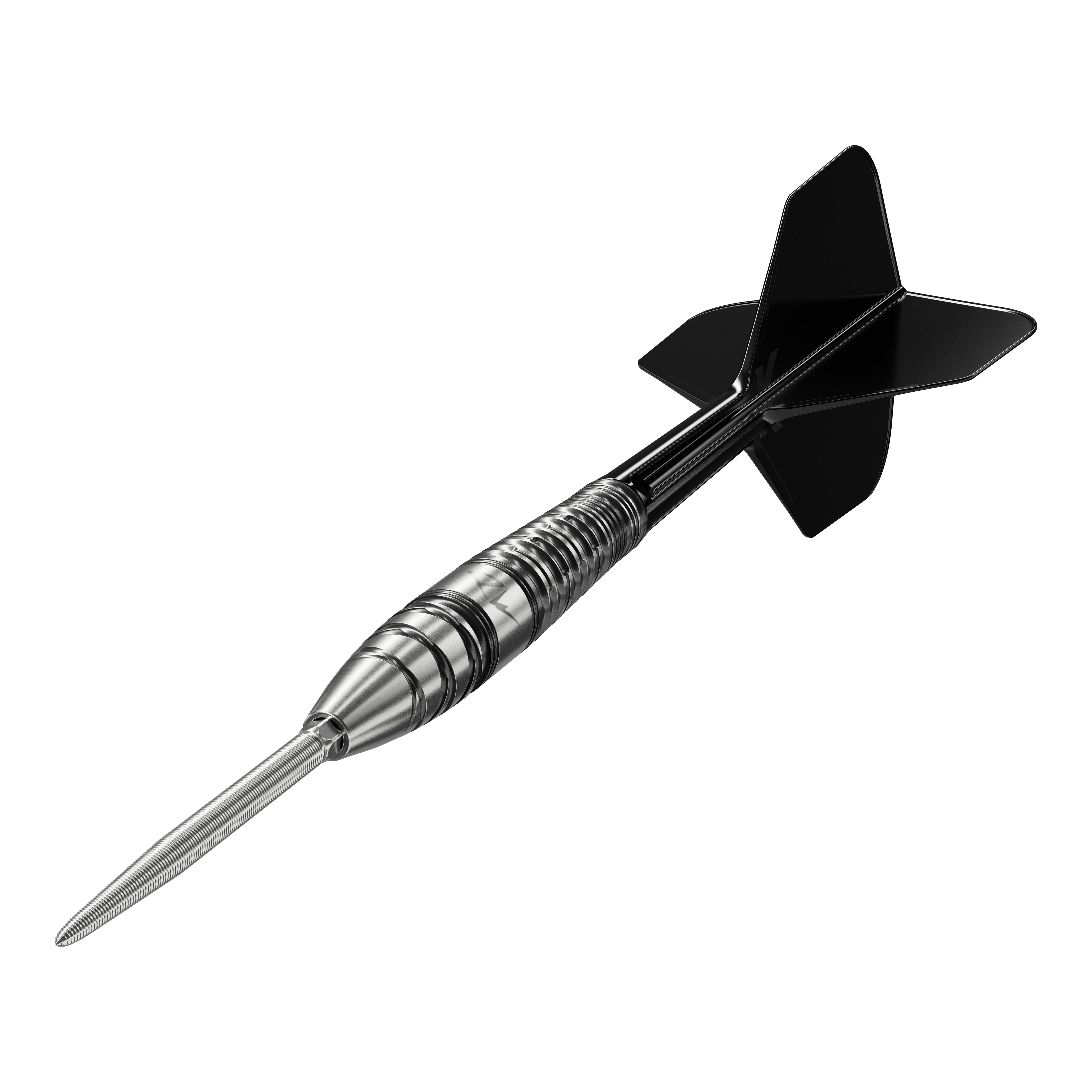 Target Japan Black Marque PW 2 SP steel darts Das Bild zeigt einen hochwertigen Steeldartpfeil mit schwarzem Flight und silbernem, gerilltem Barrel. Es handelt sich um das Produkt "Target Japan Black Marque PW 2 SP Steeldarts."