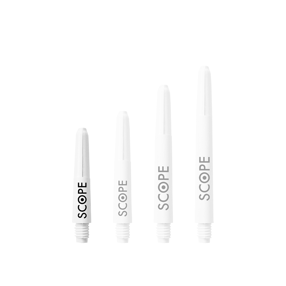 Das Bild zeigt vier weiße McDart Scope Nylon Shafts in unterschiedlichen Längen. Auf jedem Schaft steht das Wort "SCOPE" in schwarzer Schrift.