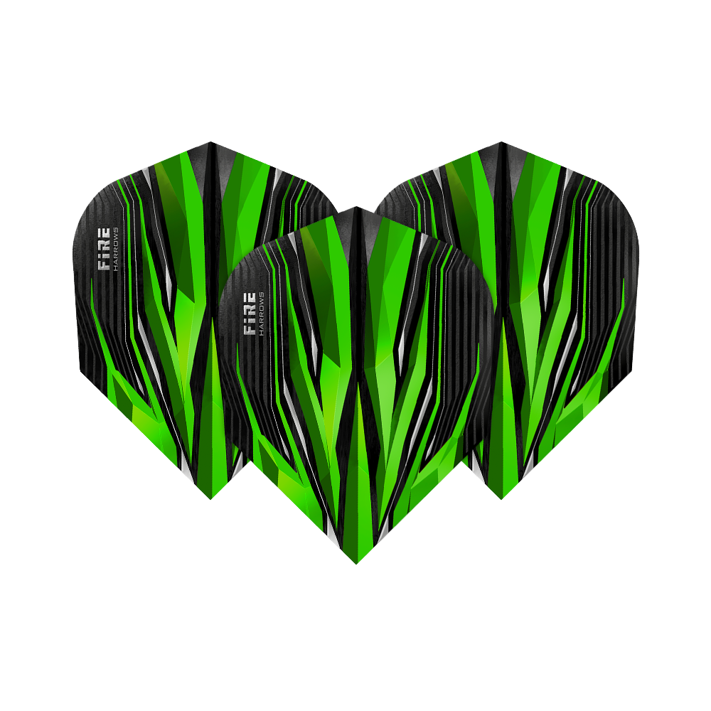 HR2_Harrows_Fire_Green_Standard_Flights_1POTEMUaVMK1Ue Das Bild zeigt drei Dart-Flights des Modells "Harrows Fire Green Standard". Sie haben ein auffälliges, grünes und schwarzes Muster mit weißen Akzenten.