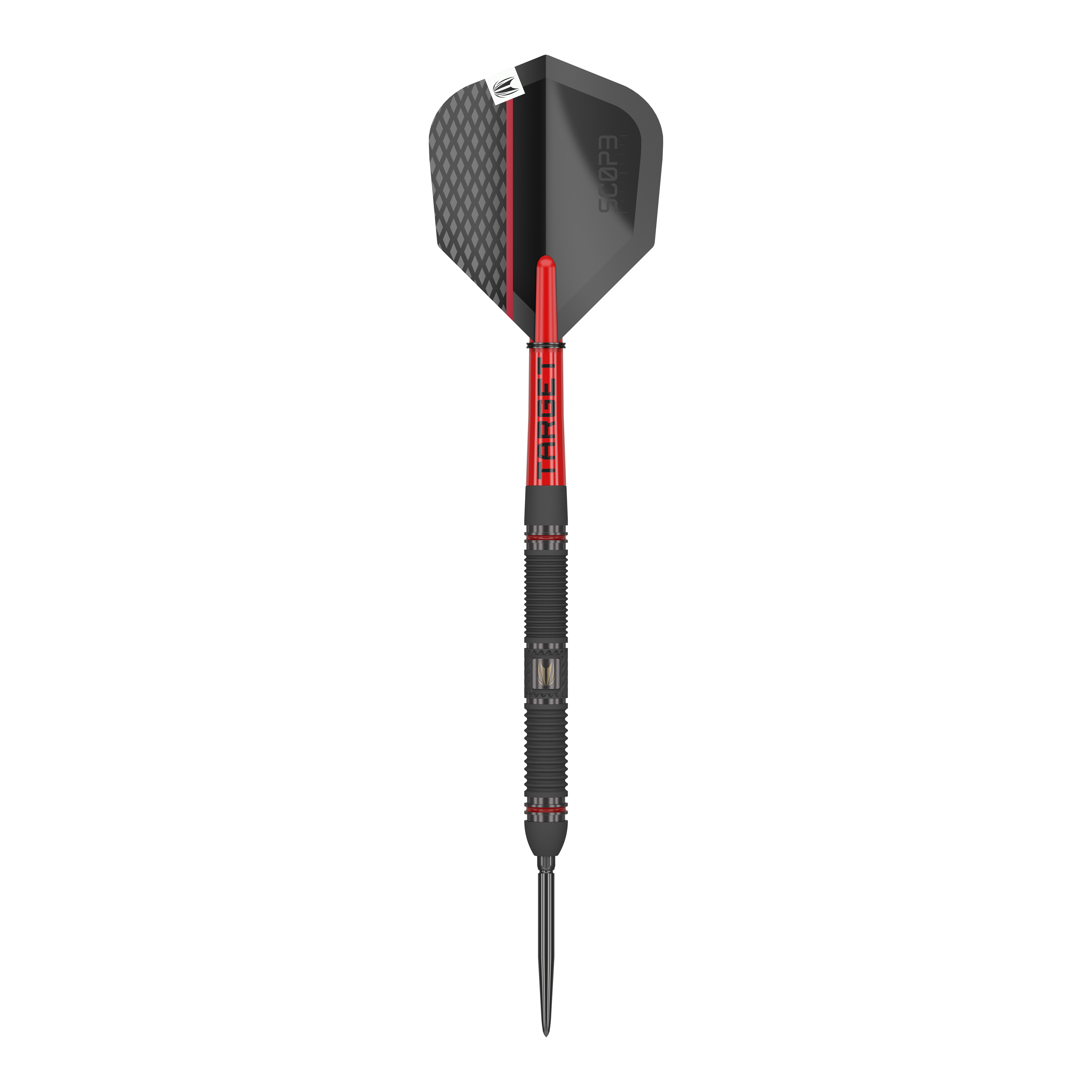 Target Scope 01 Swiss Point steel darts Auf dem Bild ist ein Target Scope 01 Swiss Point Steeldart zu sehen. Der Dart hat ein modernes Design in Schwarz und Rot mit einer strukturierten Oberfläche.