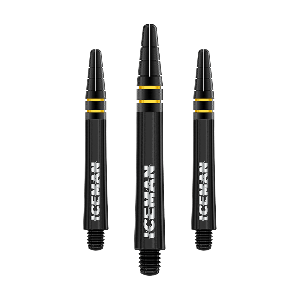 Das Bild zeigt drei schwarze Dartschäfte mit goldenen Ringen und der weißen Aufschrift "ICEMAN". Es handelt sich um das Produkt "Red Dragon Nitrotech Gerwyn Price Shafts Schwarz - 39mm".