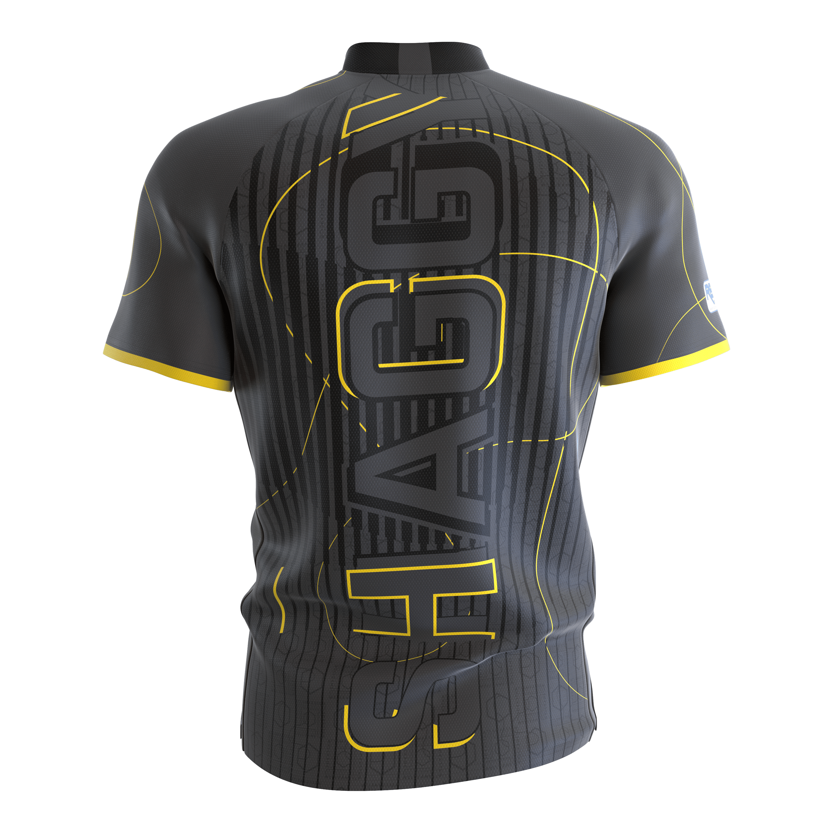 Das Bild zeigt das Target Coolplay Collarless Scott Williams Dartshirt von hinten. Das Shirt ist grau mit gelben Akzenten und dem großen Schriftzug "SHAGGY" auf dem Rücken.