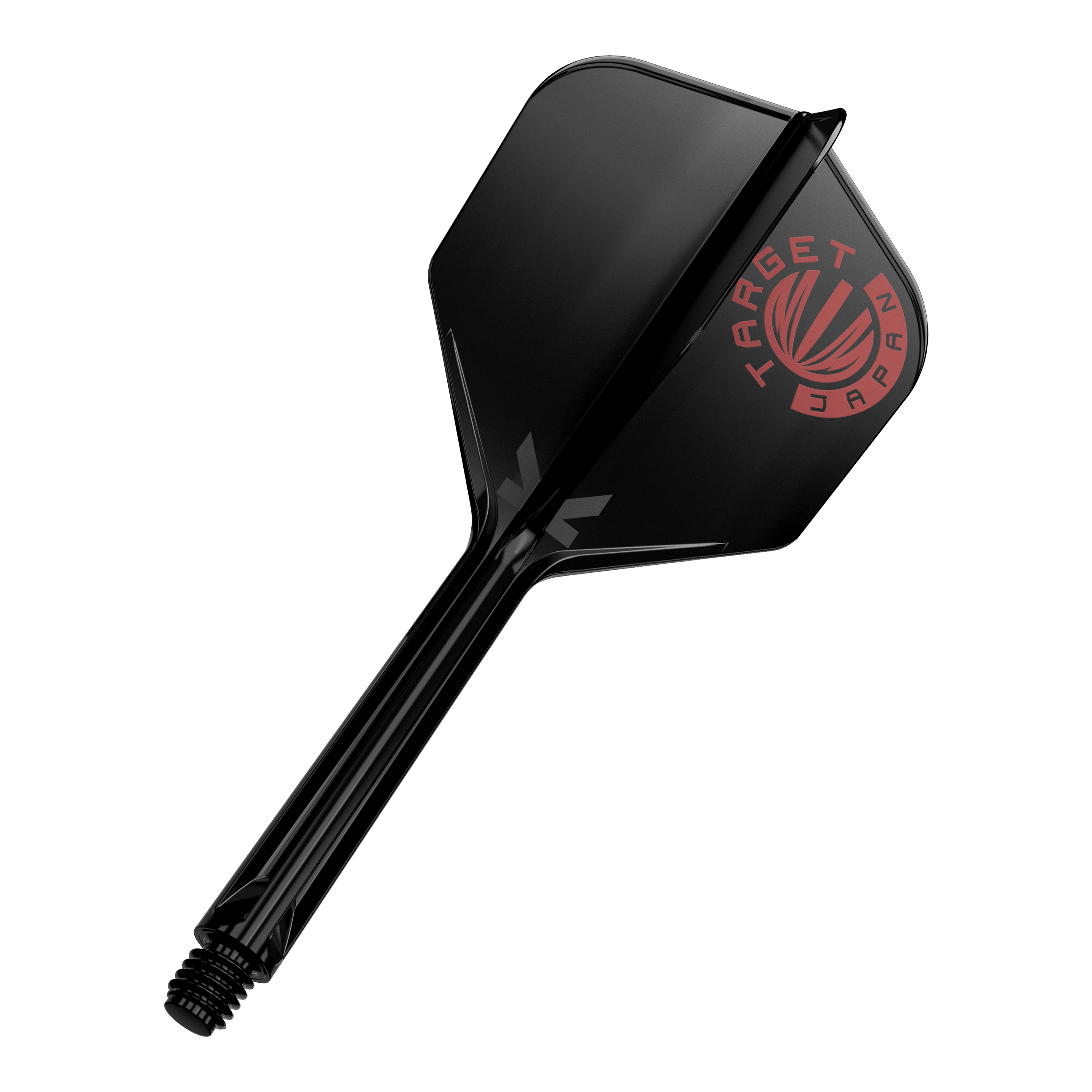 Das Bild zeigt einen schwarzen Dartshaft mit einer schwarzen Dartflügelfeder. Auf der Feder ist ein rotes Logo mit der Aufschrift "TARGET JAPAN" zu sehen.