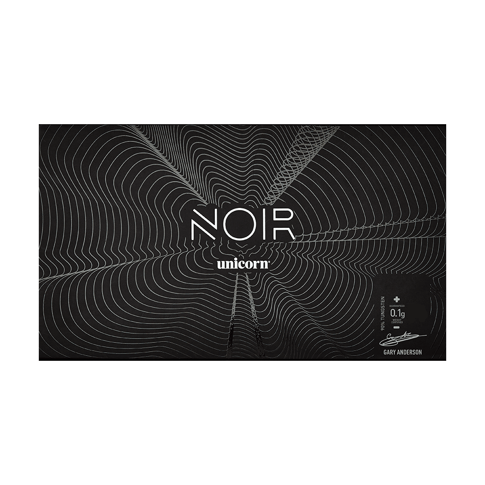 23831_Unicorn_Noir_Gary_Anderson_Phase_5_Softdarts_4 Die Abbildung zeigt die Verpackung der "Unicorn Noir Gary Anderson Phase 5 Softdarts". Das Design ist schwarz mit feinen, geschwungenen Linien und weißer Schrift.