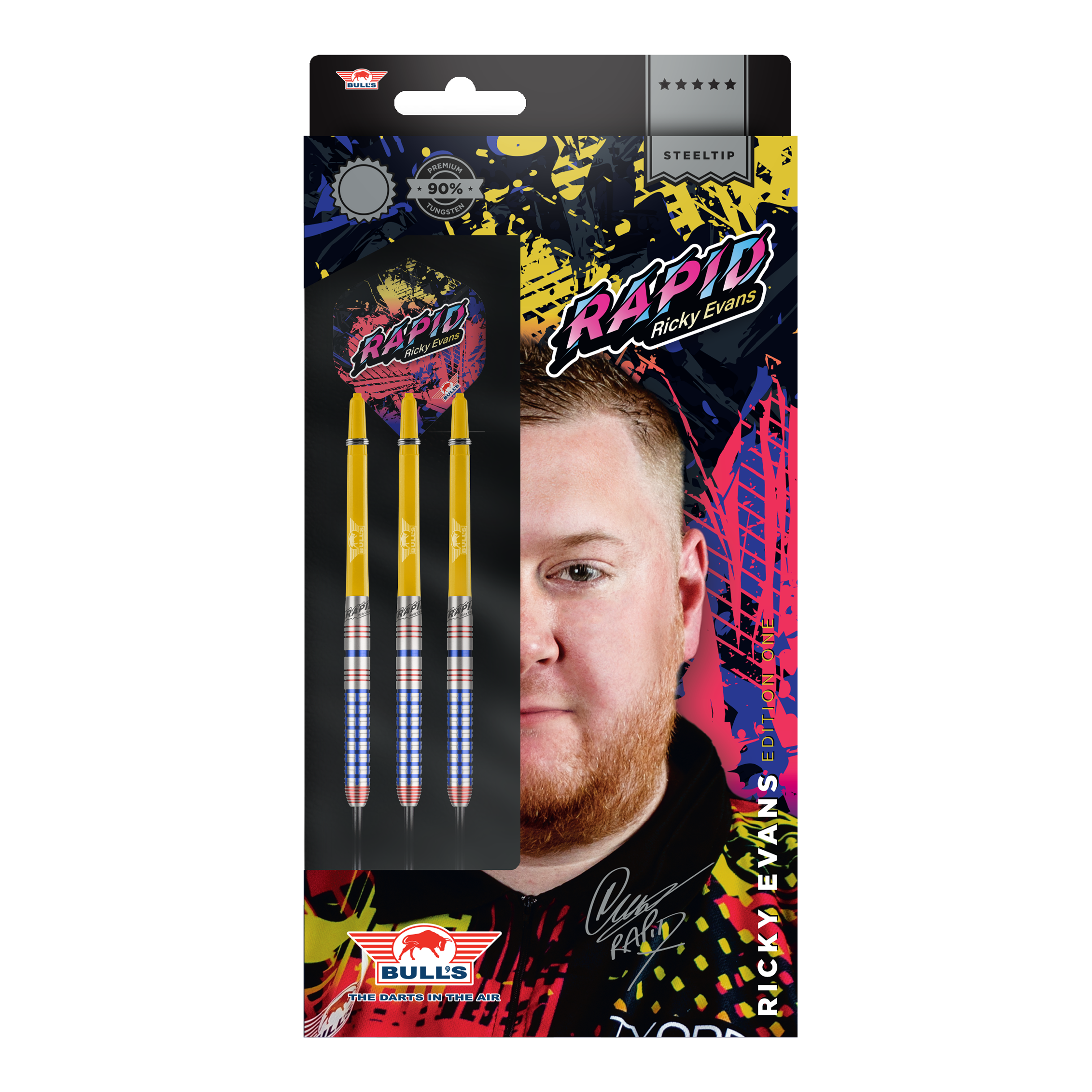 Bulls NL Ricky Evans Rapid Edition One Steel Darts Die Abbildung zeigt die Verpackung der "Bulls NL Ricky Evans Rapid Edition One Steeldarts". Auf der Packung sind drei gelb-silberne Steeldarts und ein Porträt von Ricky Evans zu sehen.