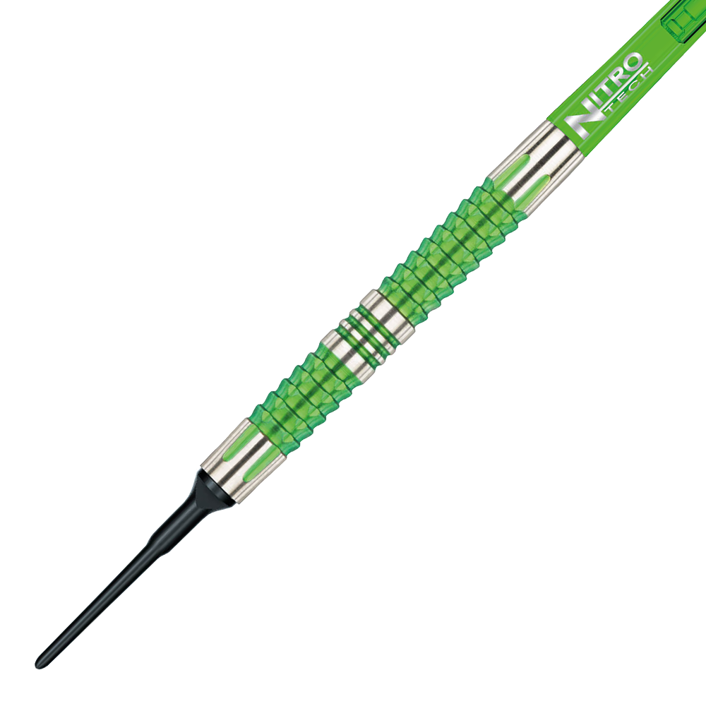 Das Bild zeigt einen Softdart aus der Serie "Red Dragon Peter Wright Snakebite Mamba 2". Der Dart hat grüne und silberne Elemente mit einer strukturierten Griffzone.