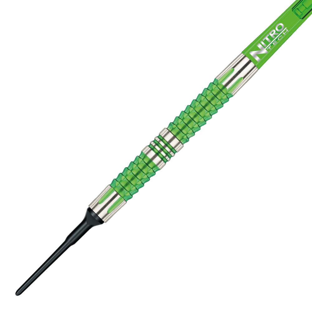 RD1917-Red-Dragon-Peter-Wright-Snakebite-Mamba-2-Softdarts-2 Das Bild zeigt einen Softdart aus der Serie "Red Dragon Peter Wright Snakebite Mamba 2". Der Dart hat grüne und silberne Elemente mit einer strukturierten Griffzone.