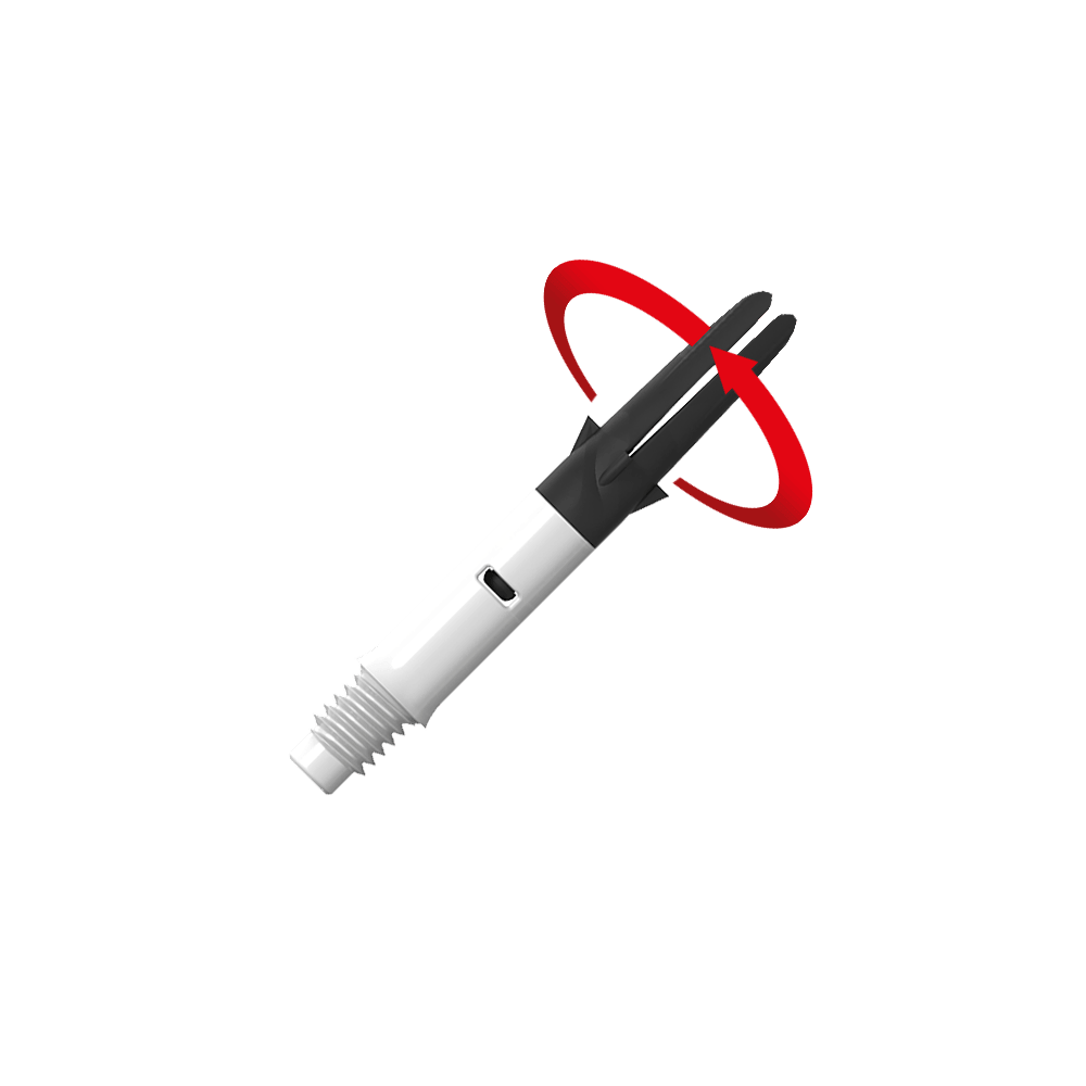 L-L-Style-Shaft Carbon Silent Straight - White Das Bild zeigt einen weißen und schwarzen Dart-Schaft mit einem Gewinde am unteren Ende. Ein roter Pfeil deutet auf eine Drehbewegung des oberen Teils hin.